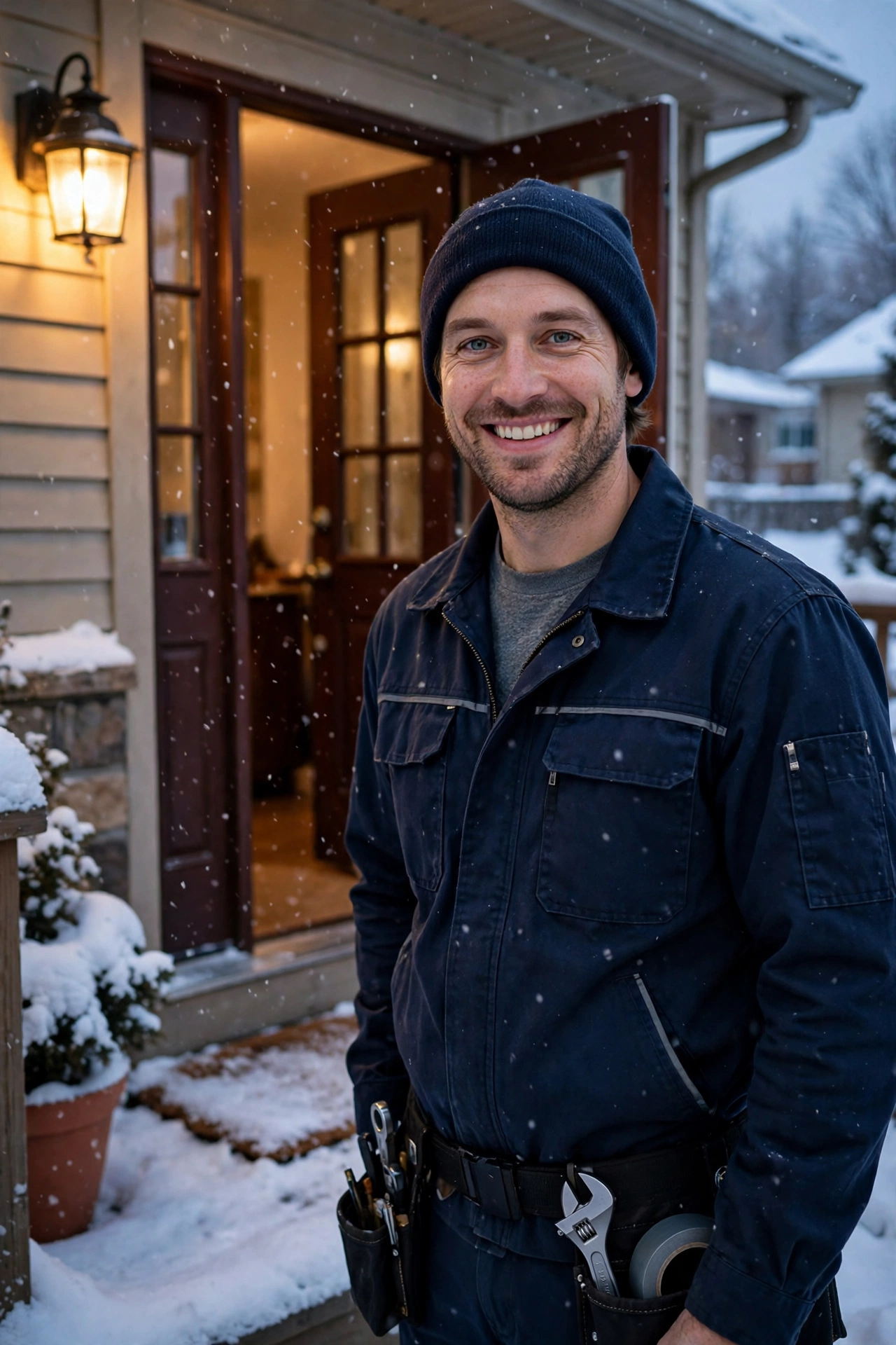A technician talking with a homeowner beside a home furnace