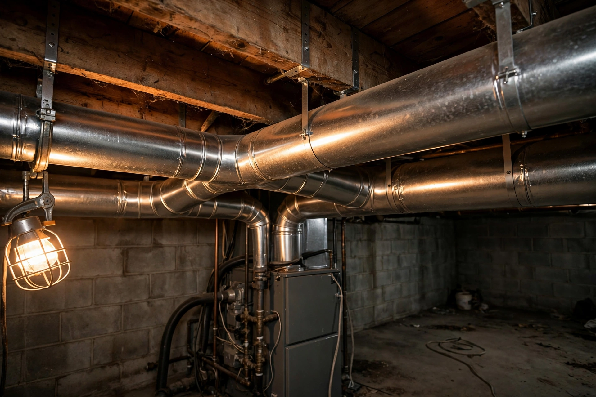 A technician adjusting a duct damper in a home basement