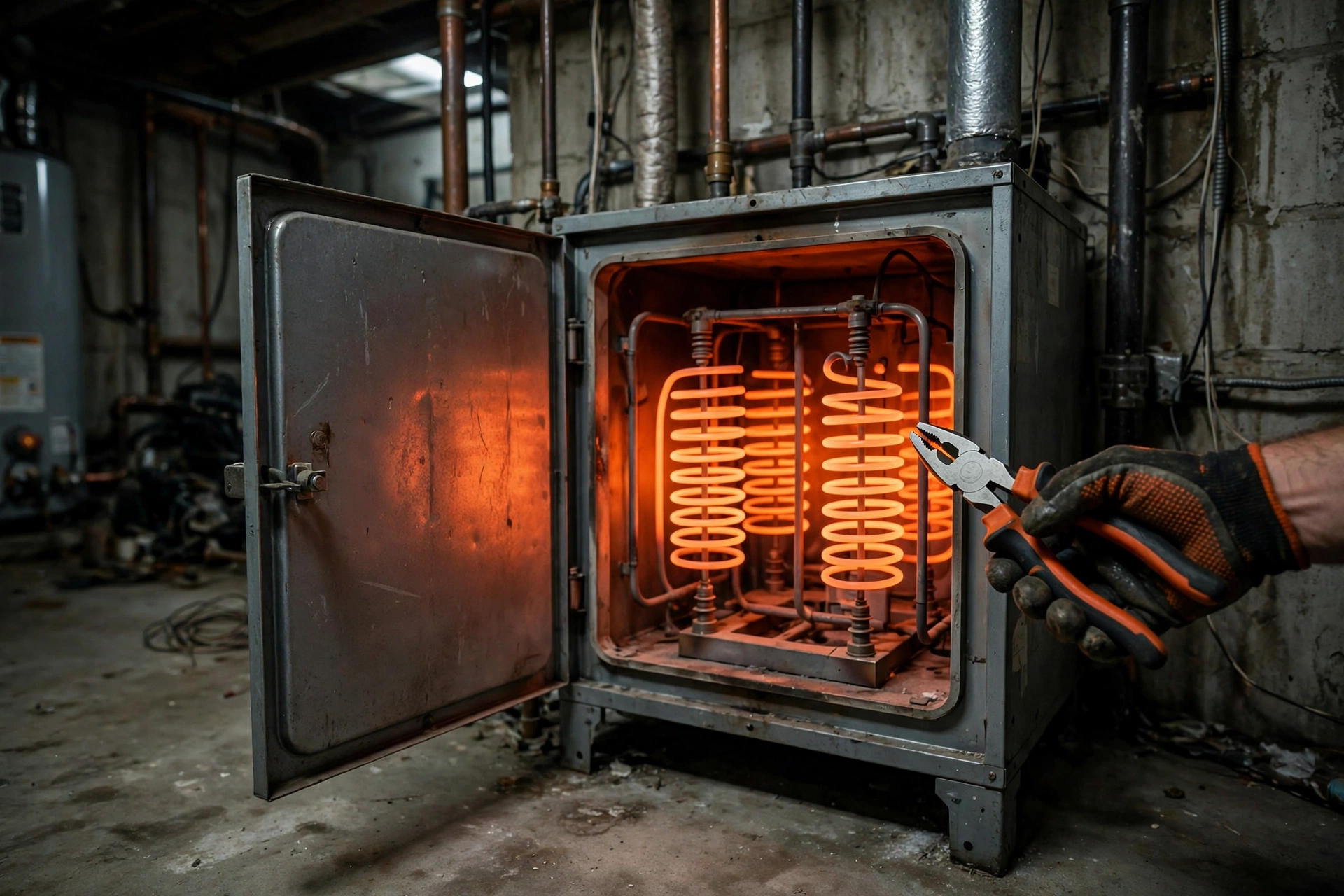 A technician inspecting the heating elements of an electric furnace