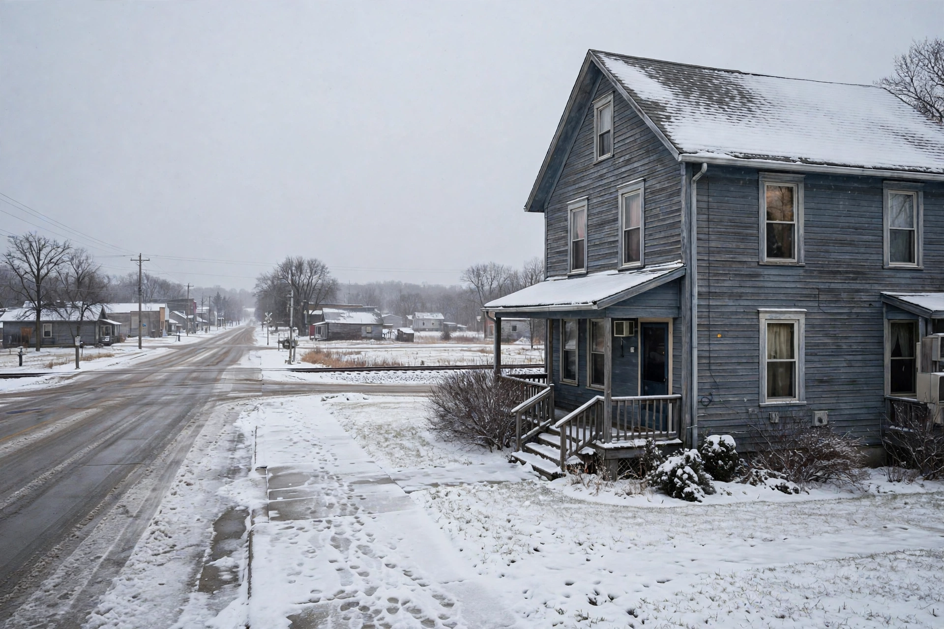 A Minnesota county-seat town street in winter with snow and historic storefronts
