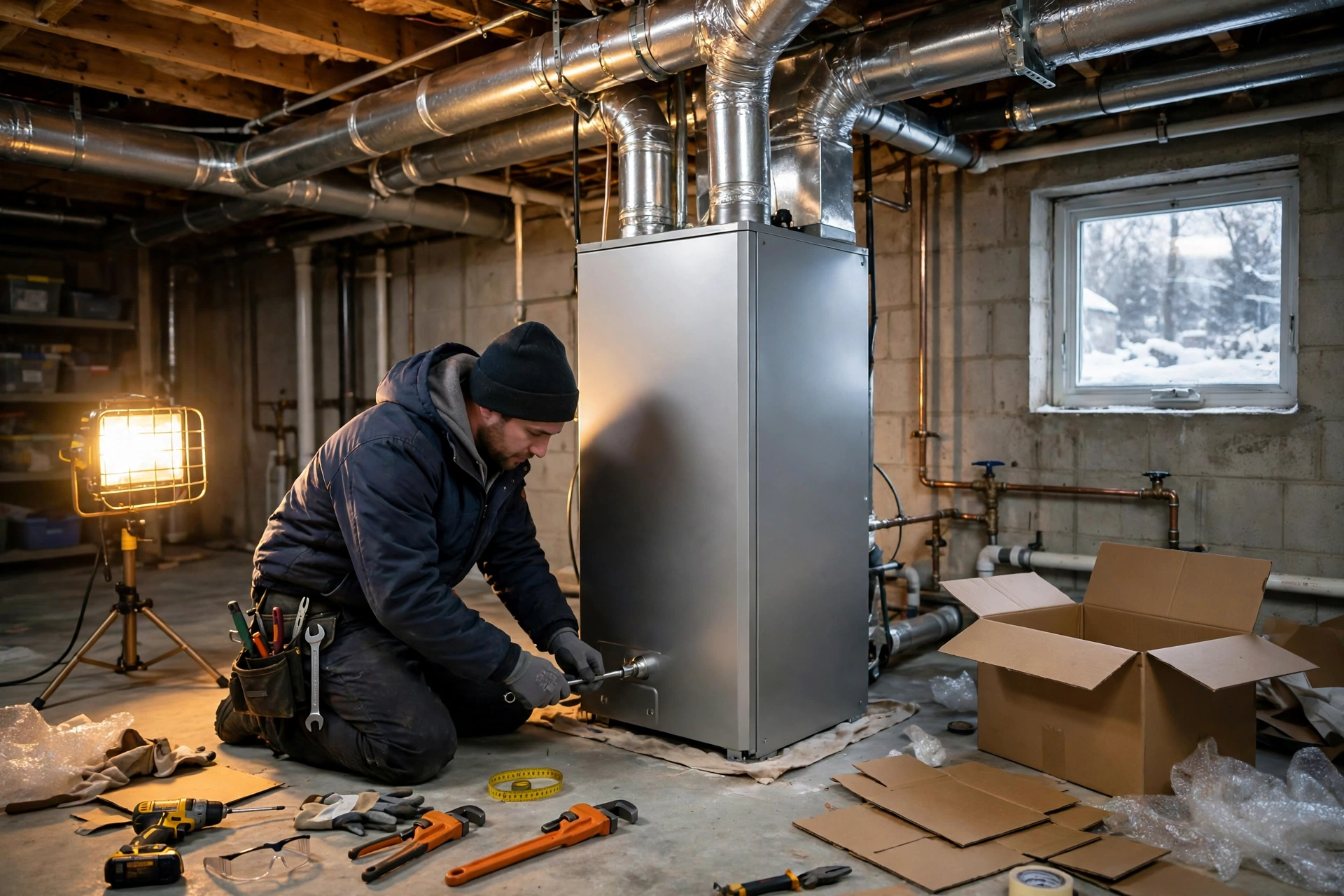 A newly installed gas furnace in a clean Minnesota home basement