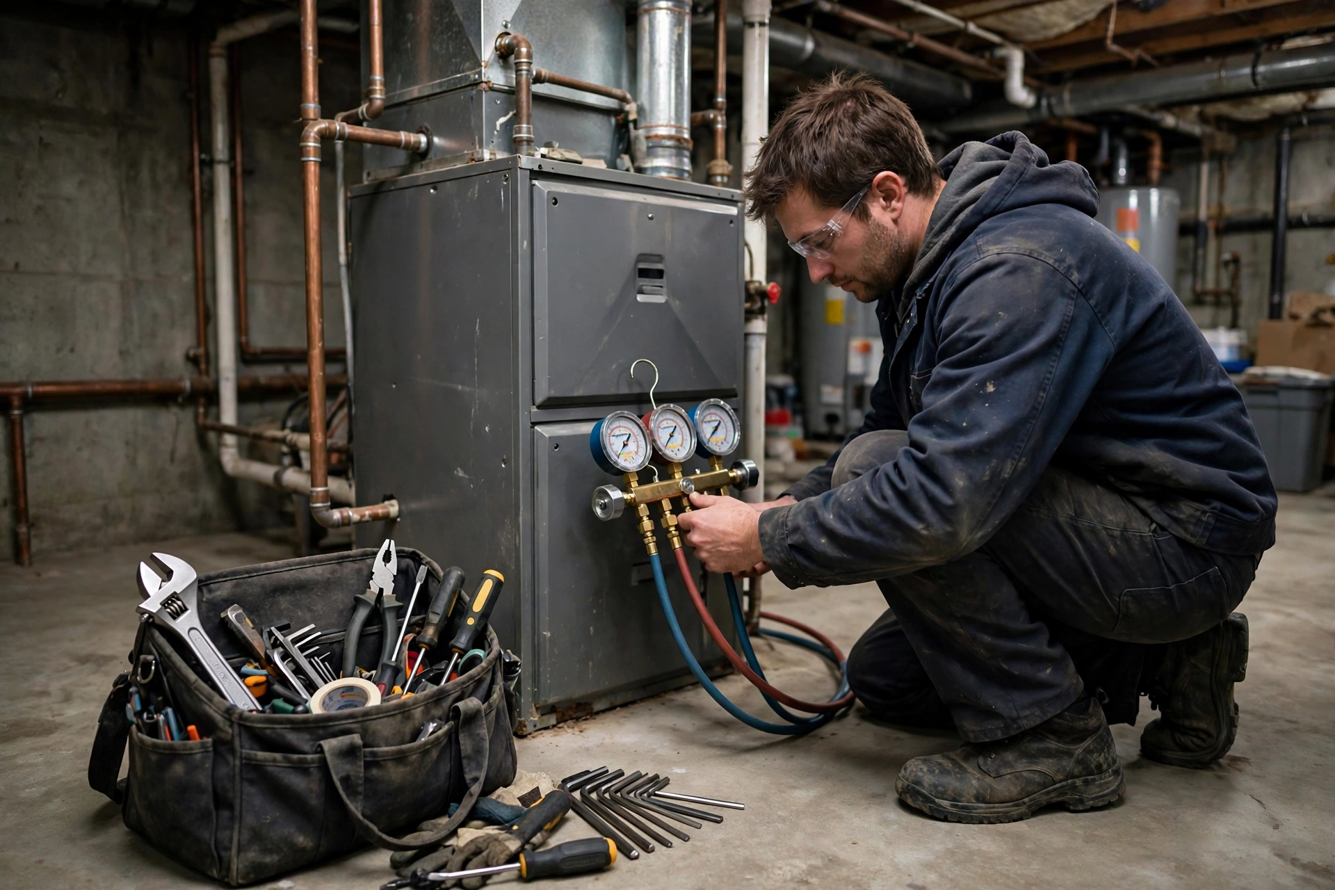 A technician performing an annual furnace tune-up and safety inspection