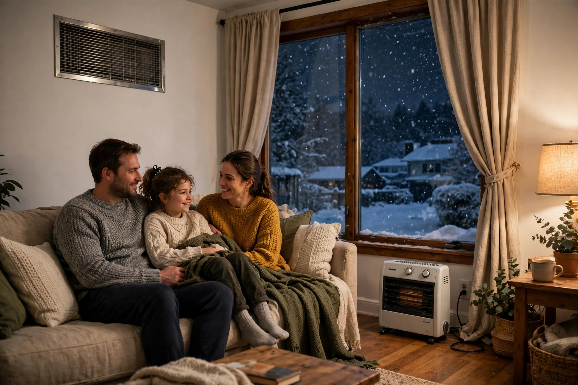 Portable space heater warming a small living room on a cold evening