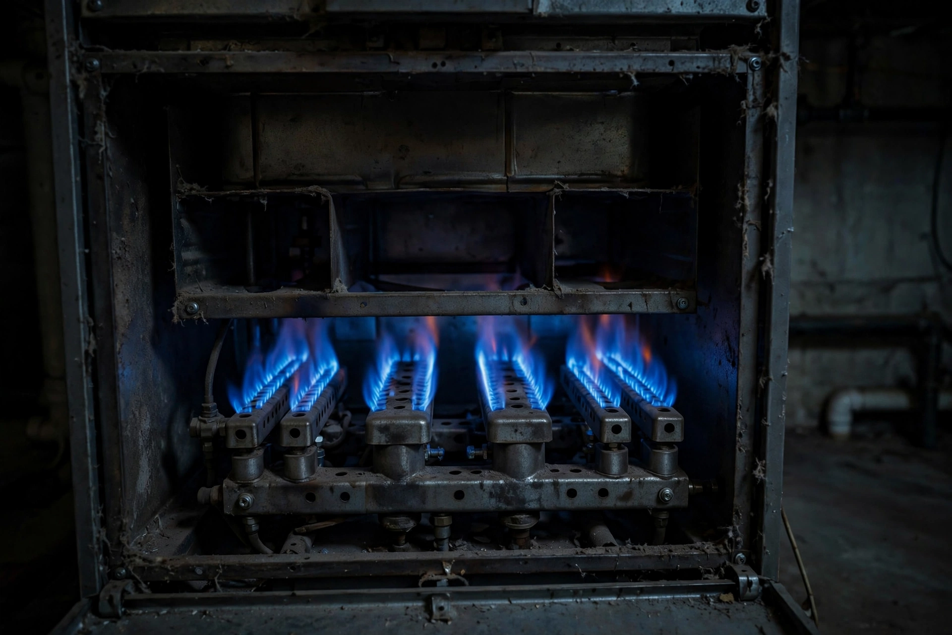 A technician inspecting the burner compartment of a gas furnace