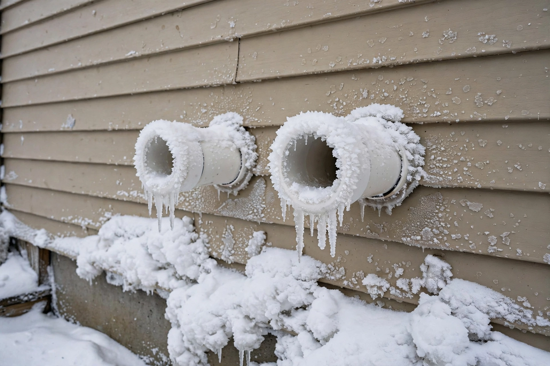 Frost on a side-wall furnace vent pipe outside a home in winter