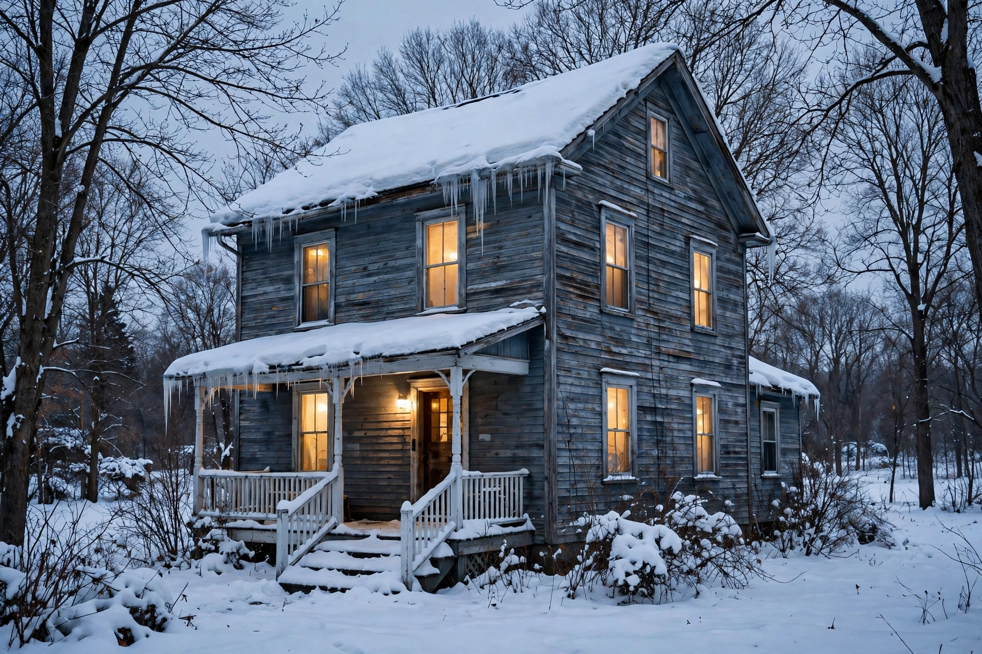 Brick older home in St. Cloud with snow on the roof in winter