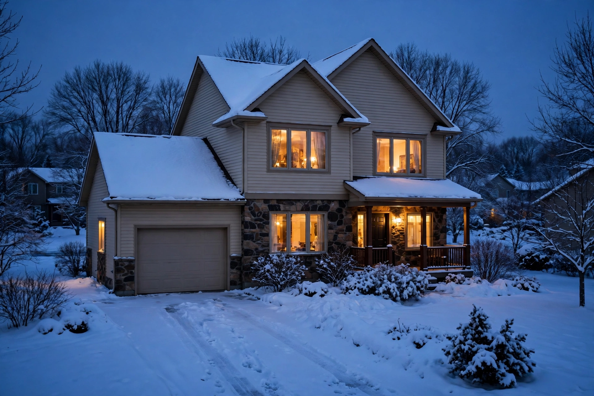 A snow-covered St. Cloud home at dusk with warm light glowing in its windows