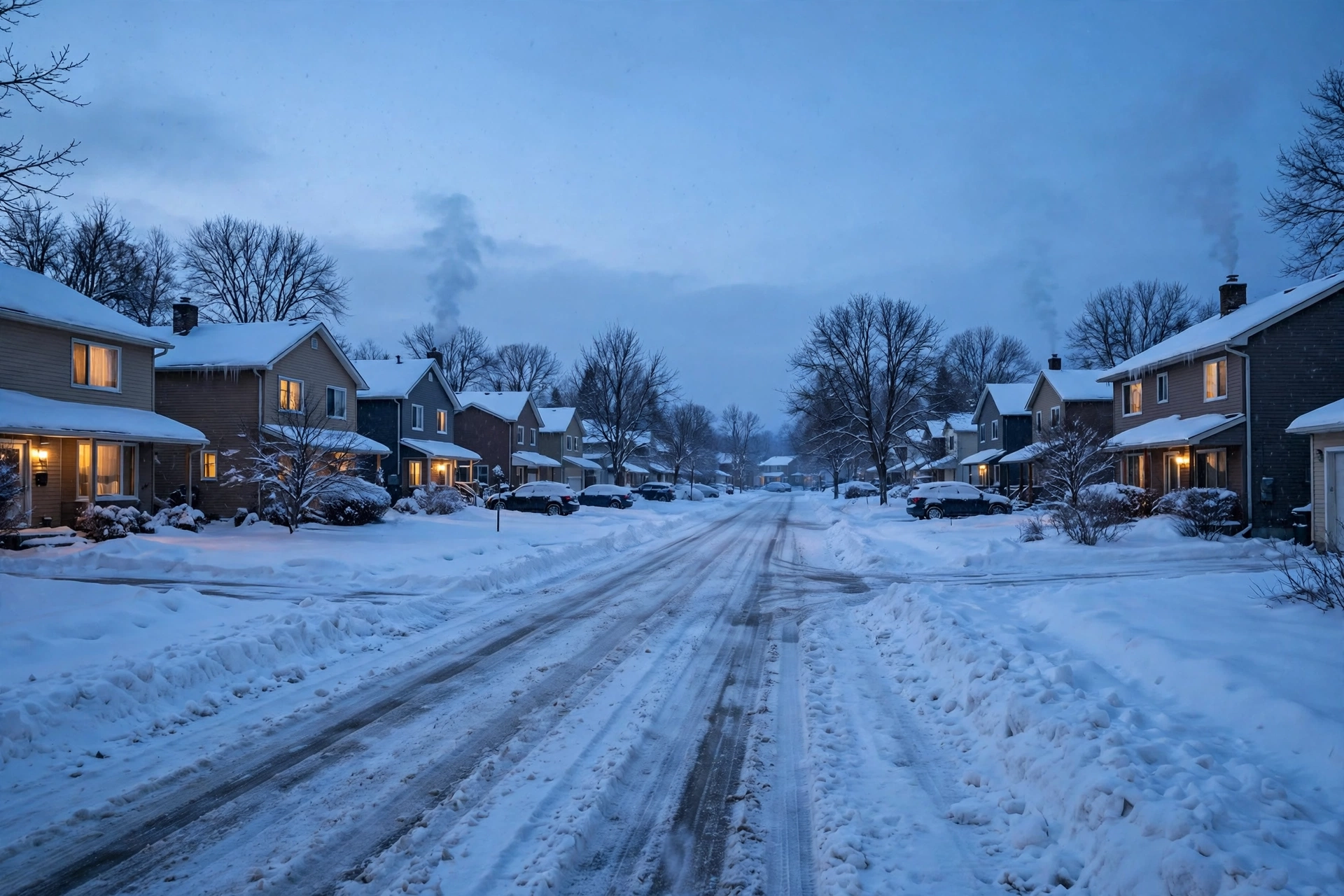 A snow-covered street of homes in central Minnesota in winter