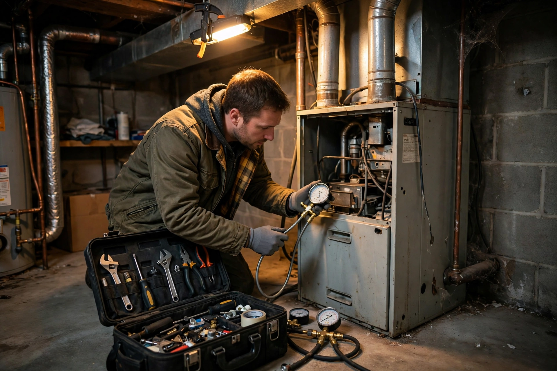Technician arriving with tools for an autumn furnace tune-up