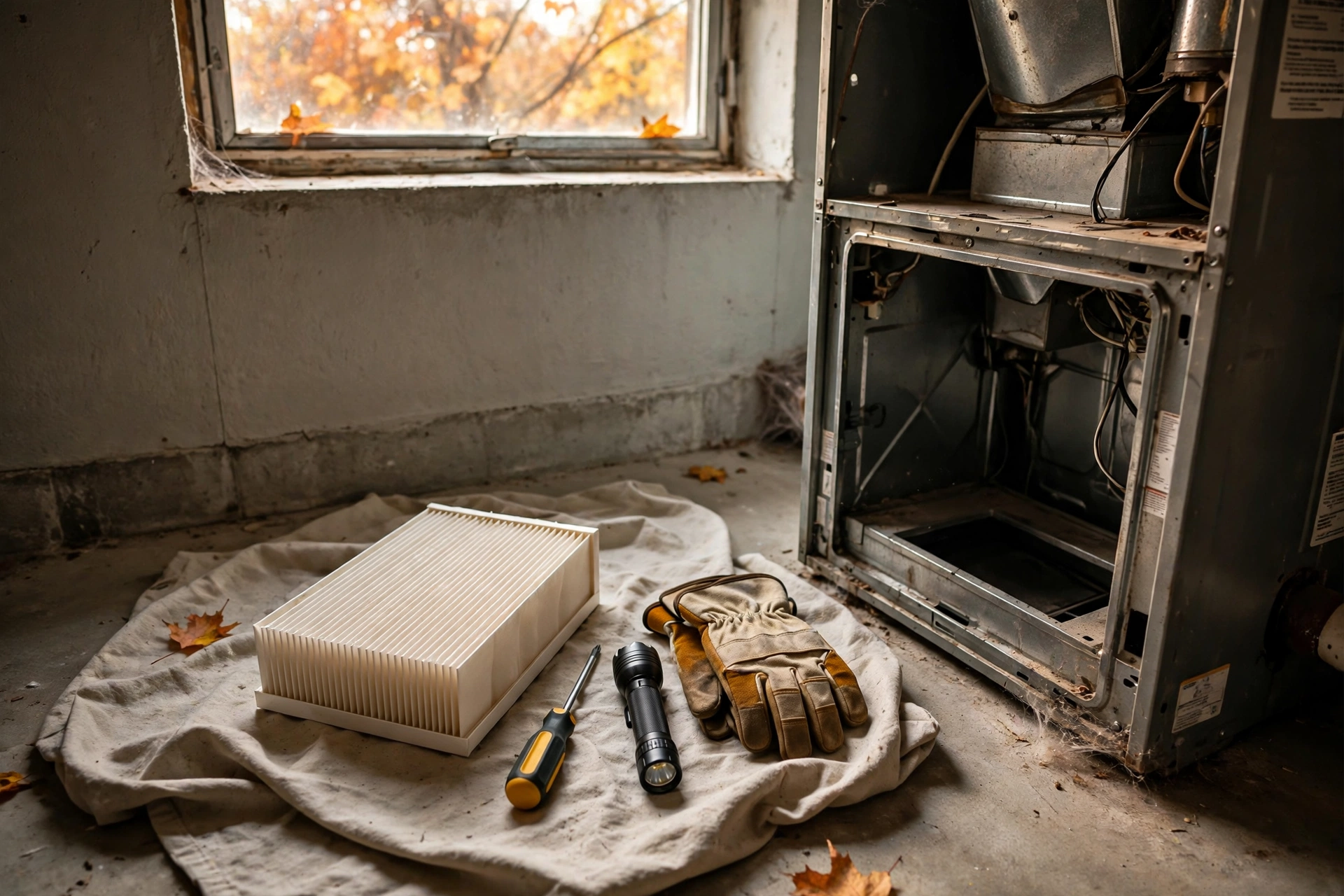 Homeowner replacing a furnace filter before the first freeze of autumn