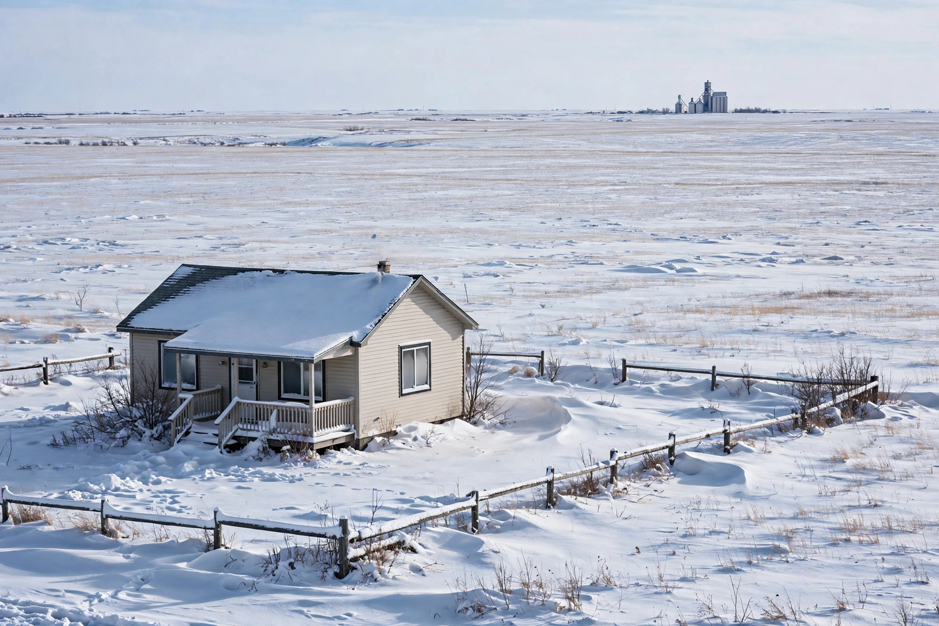 A rural Minnesota home in winter with snow on the fields and a wooded edge nearby