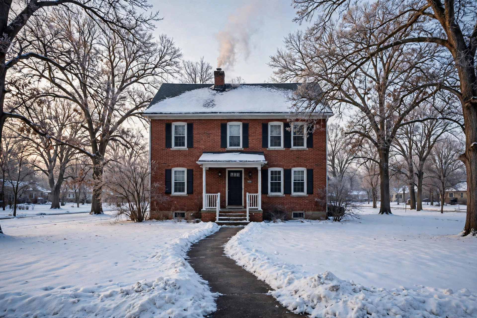 A Minnesota granite-country home in winter near a lake with snow-covered pines