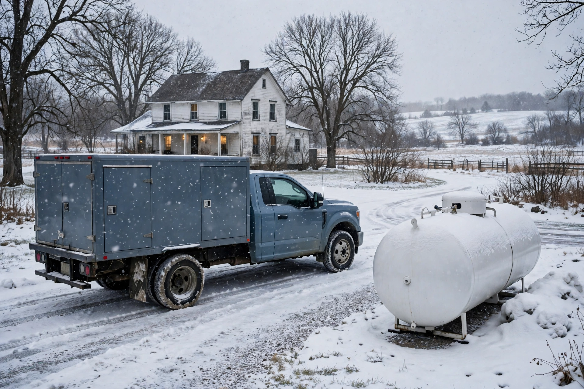 Propane tank beside a rural home with snow on the ground