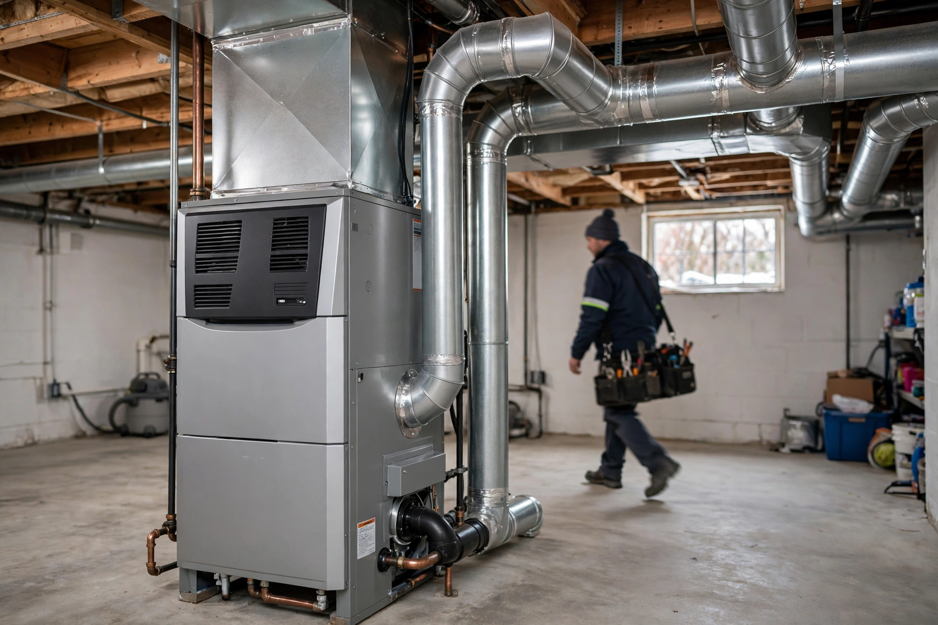 A home furnace with a technician checking its front panel in a basement