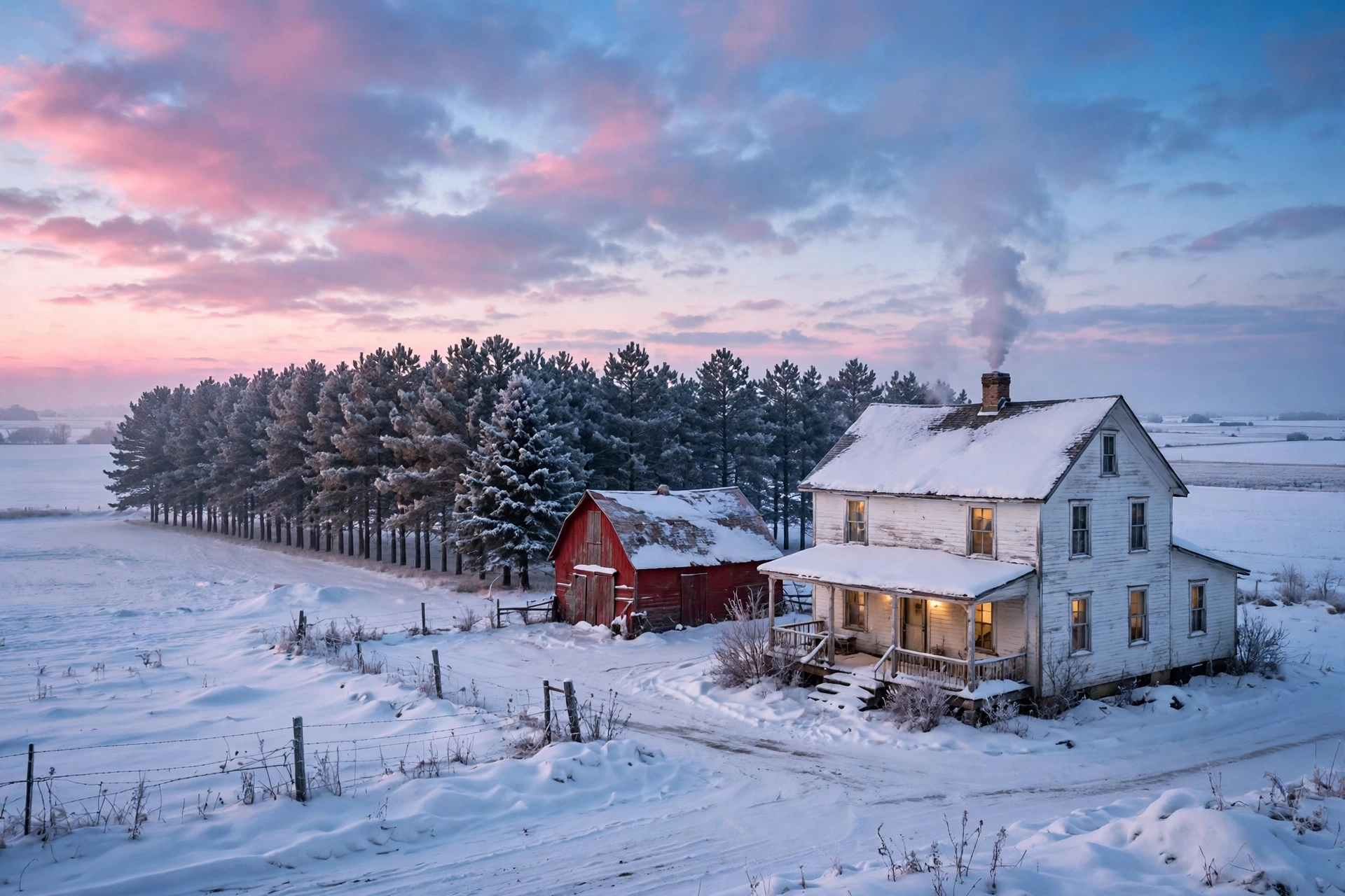 A Minnesota country home in winter with snow-covered fields around it