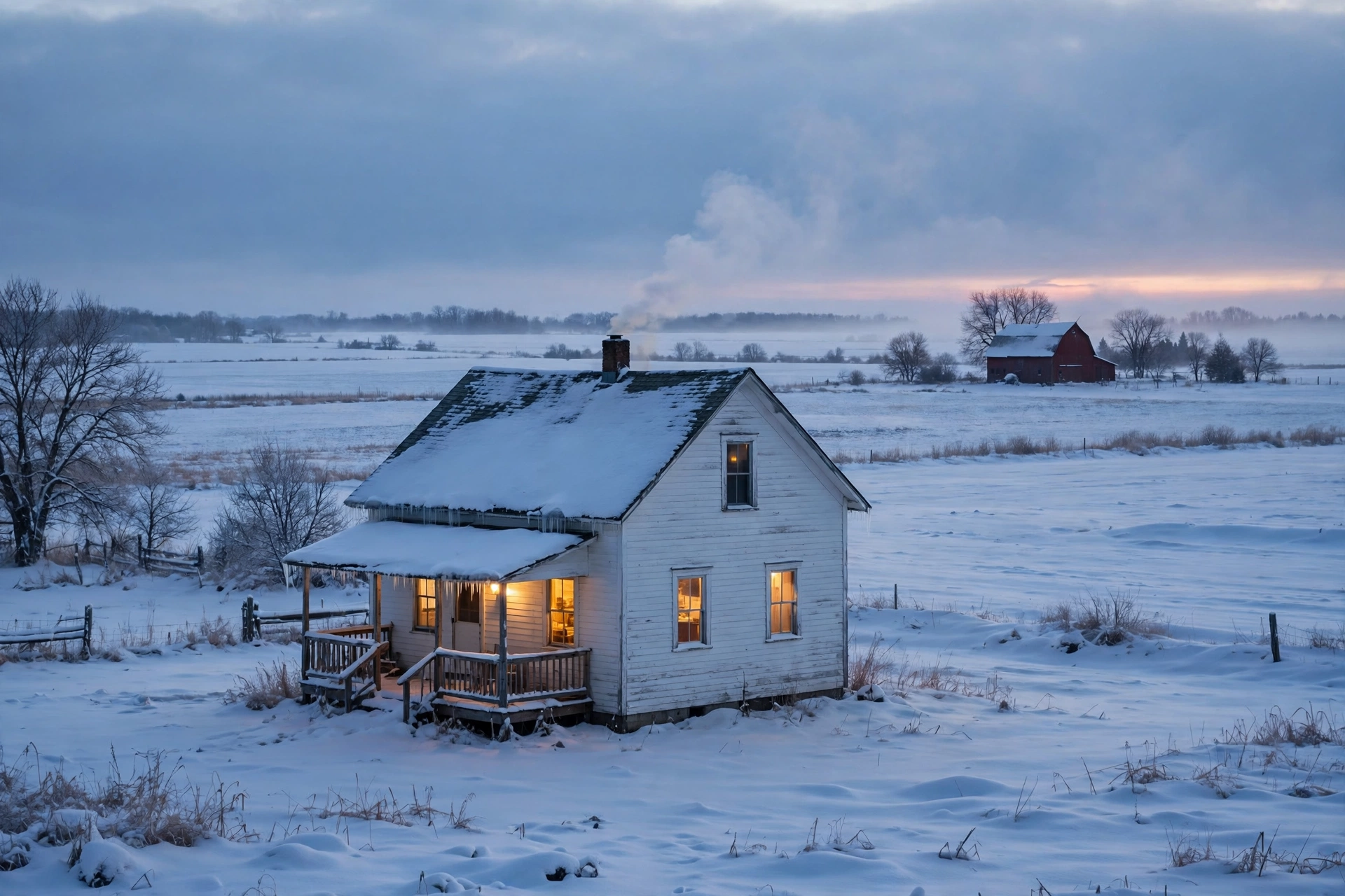 A small Minnesota town home in winter with snow on a quiet street