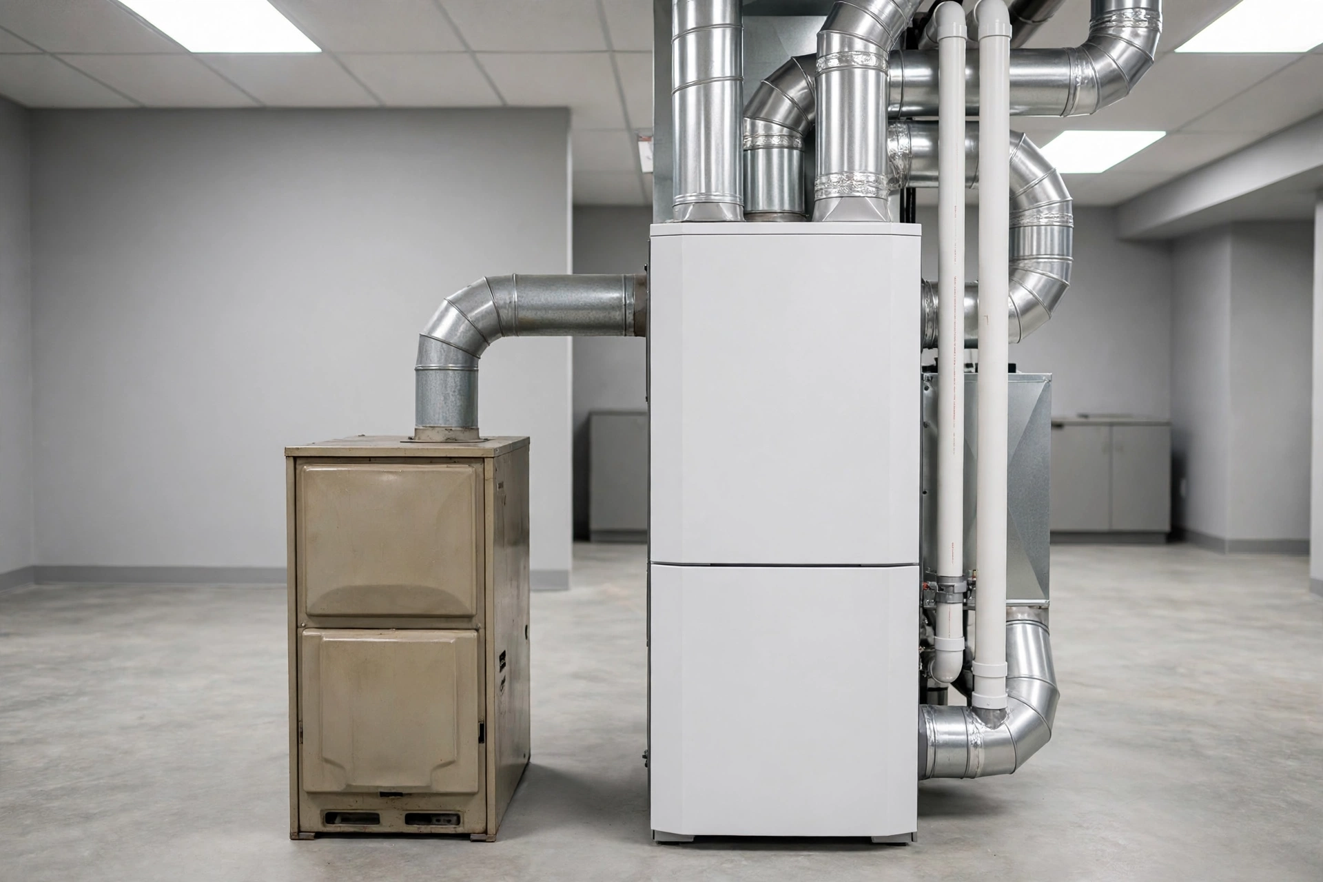 Modern furnace installed in a home basement with ductwork