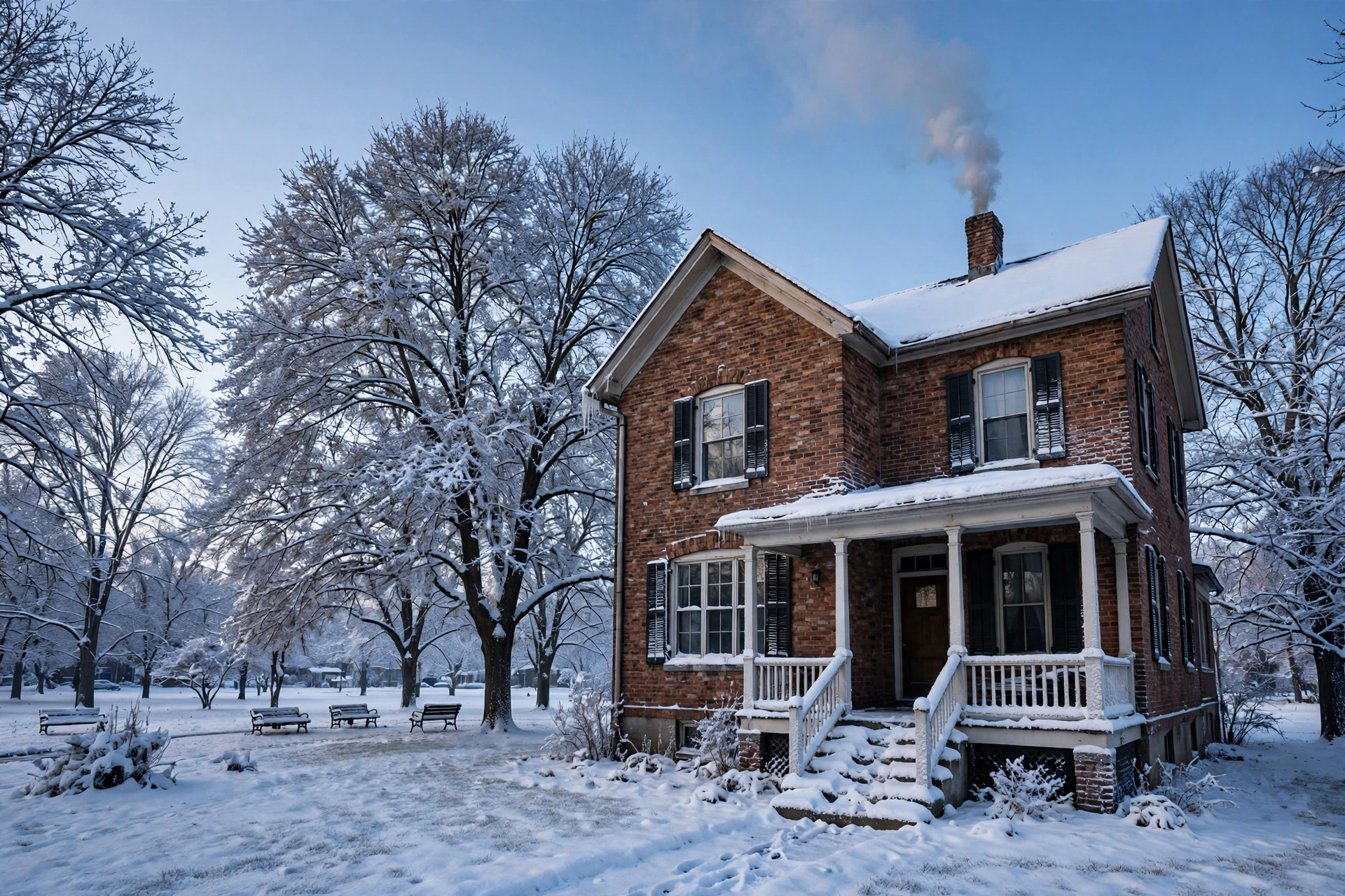 A Minnesota home in winter beside a snow-covered street with evergreen trees