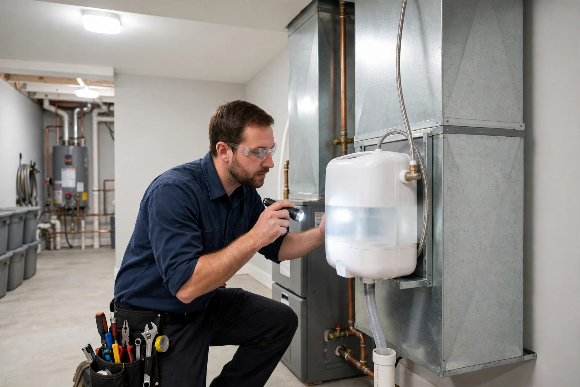 Humidifier unit mounted beside a furnace in a basement