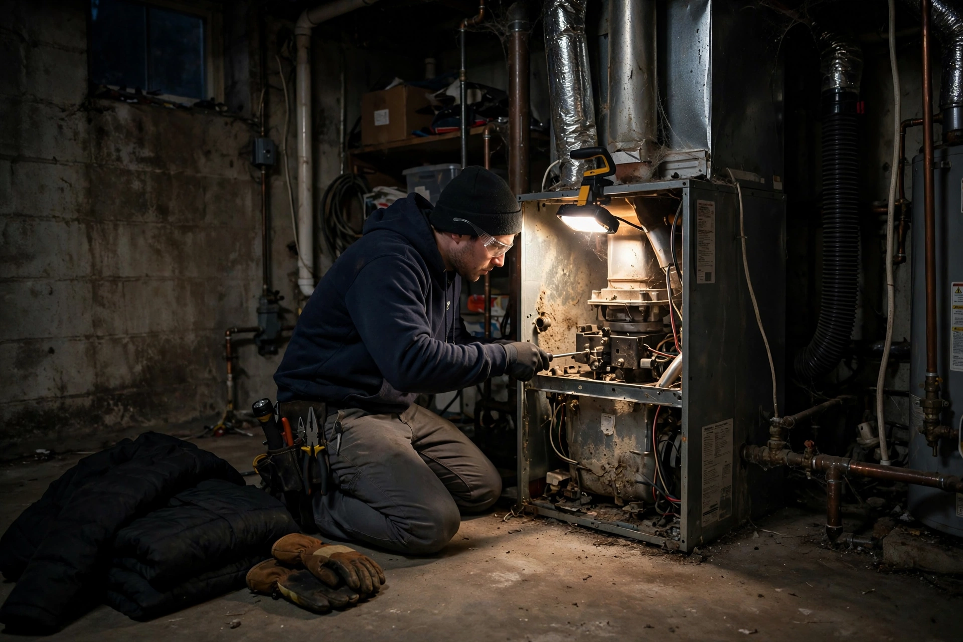 A technician repairing a home furnace by work light at night