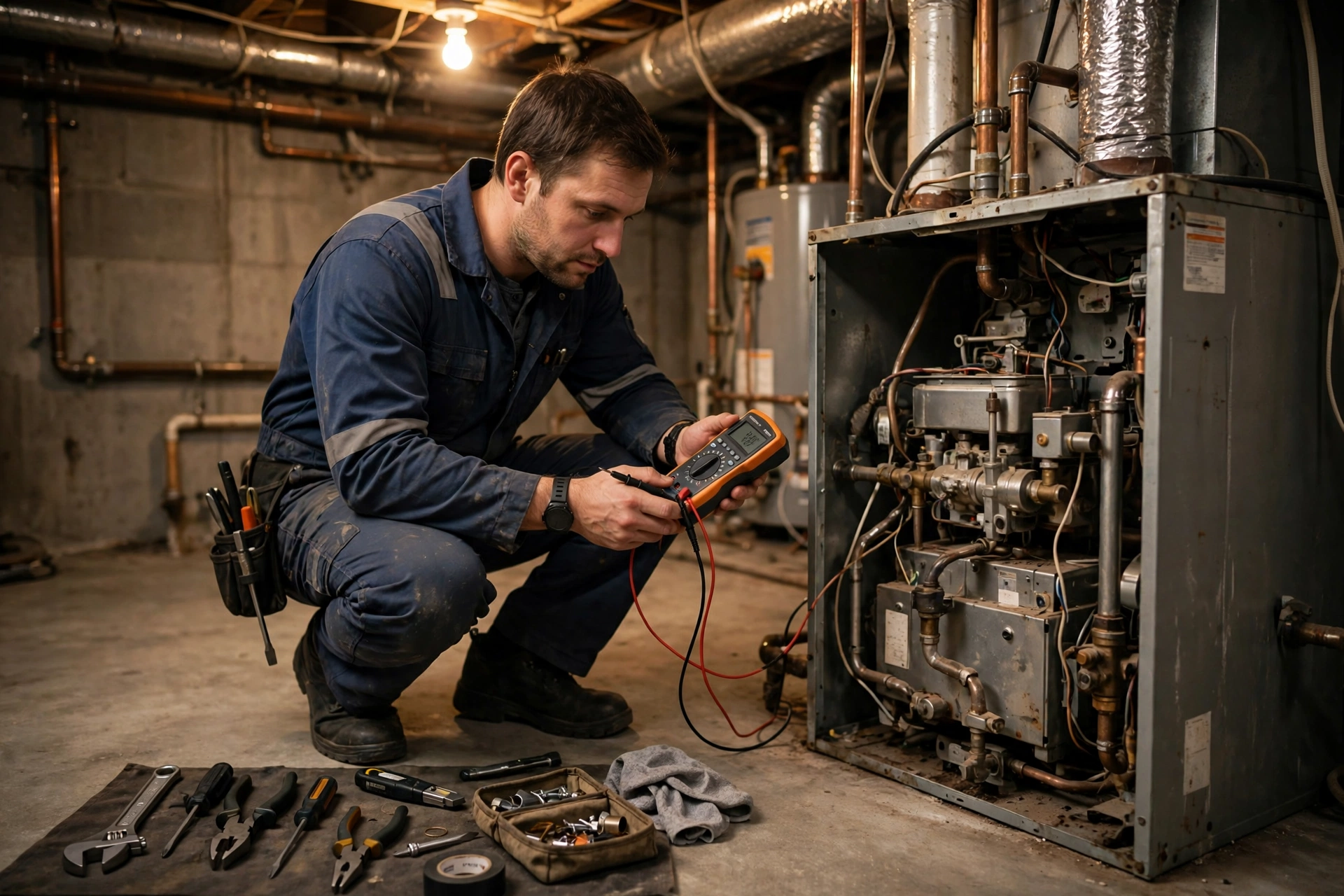 A technician testing a home furnace with a meter in a basement utility room