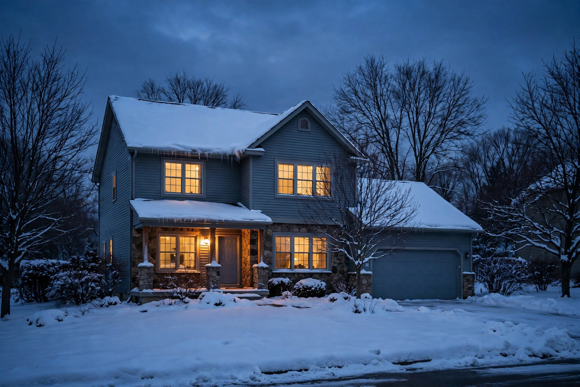 A snow-covered St. Cloud home at dusk with warm light glowing in its windows