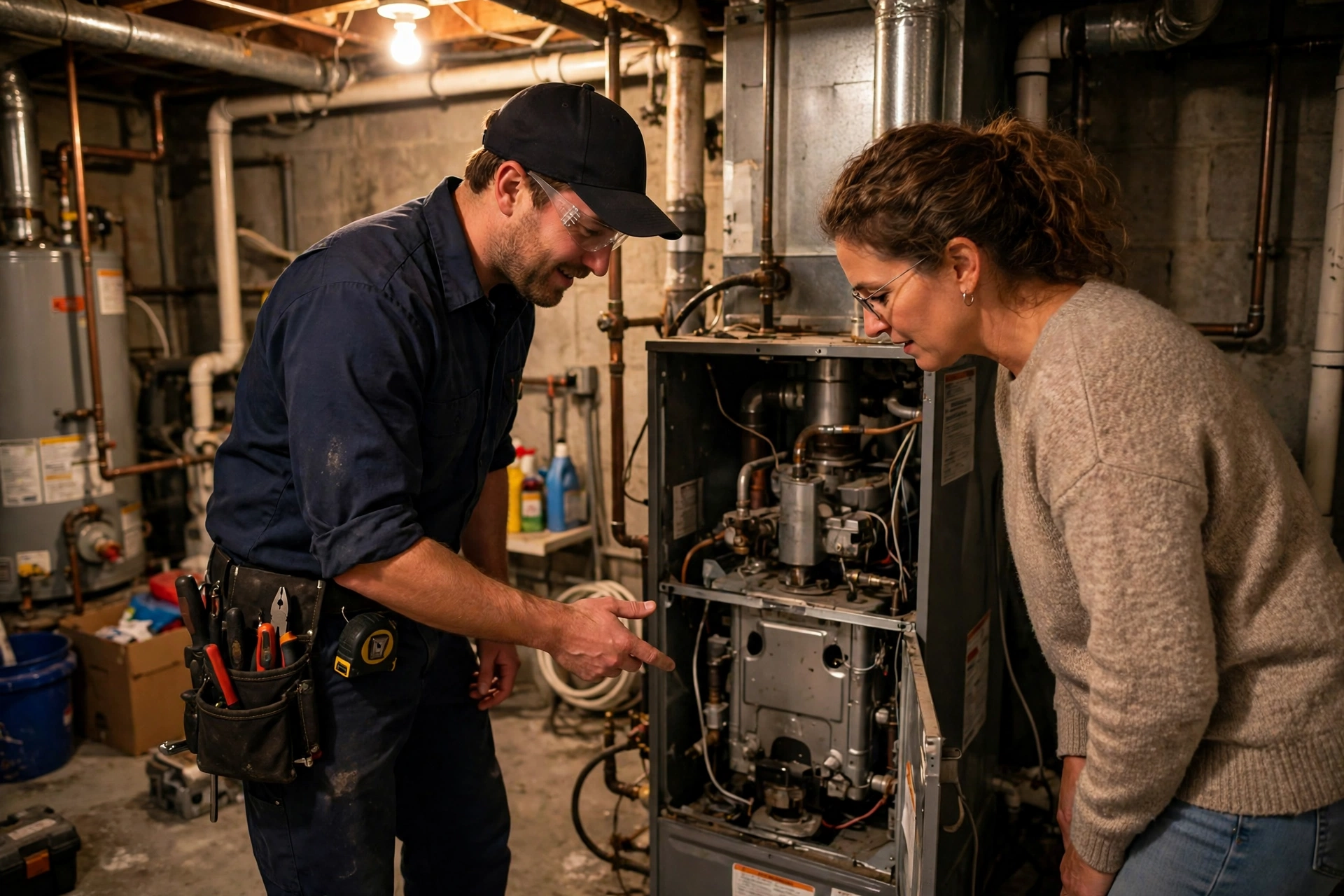 A technician inspecting an open home furnace with tools laid out beside it