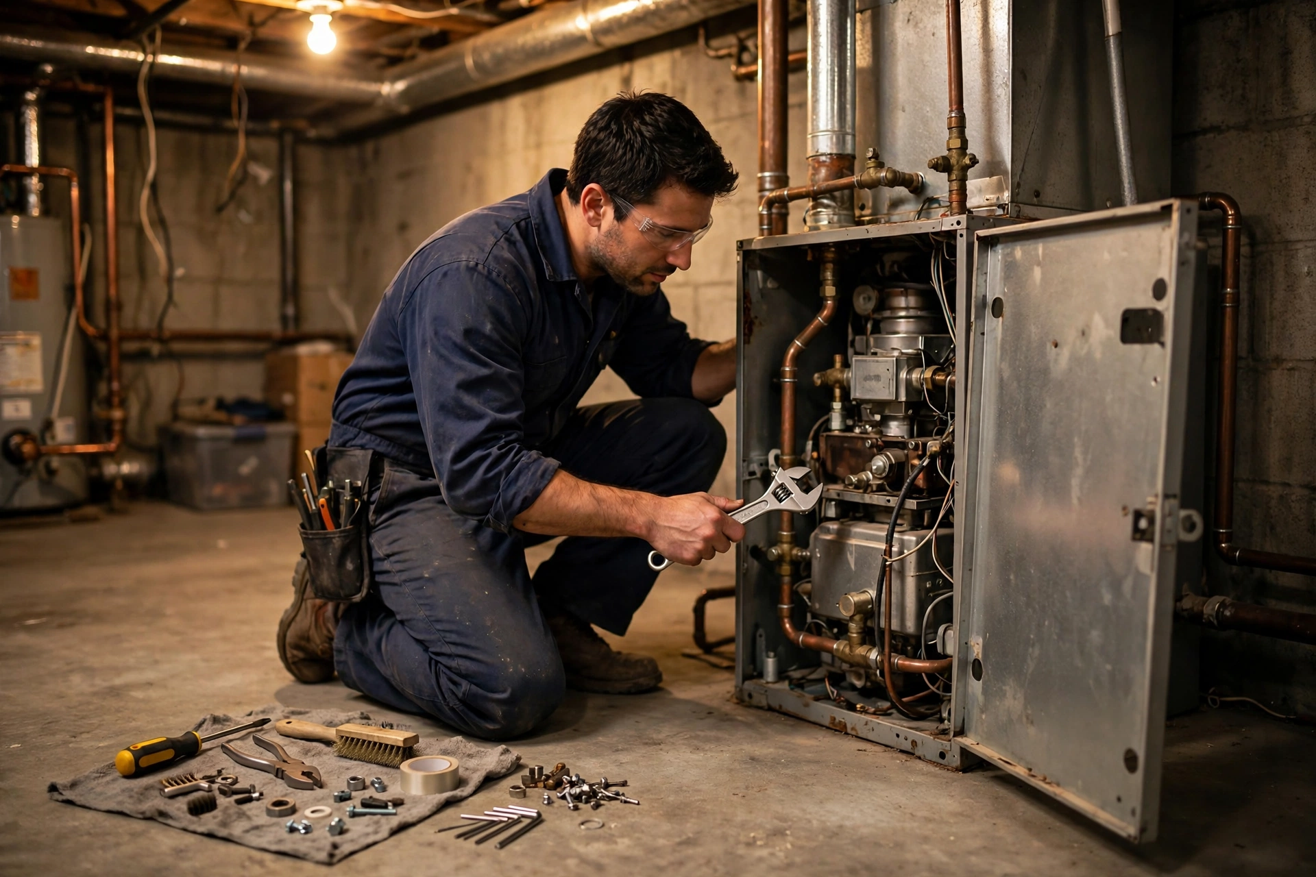 A technician repairing an open furnace in a basement