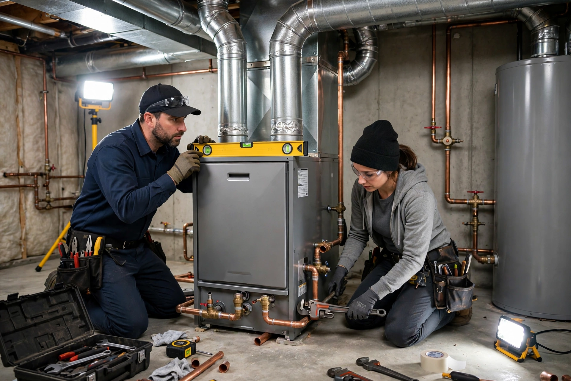 A technician responding to a furnace breakdown in a cold home