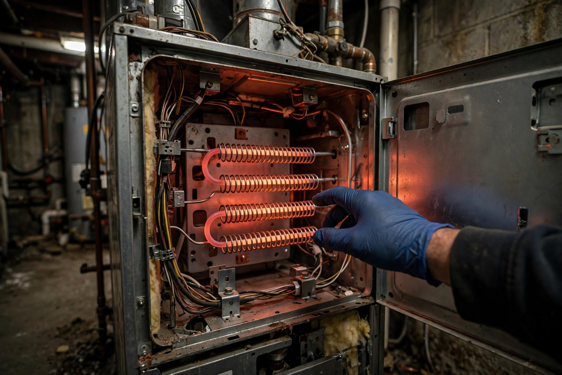 A technician servicing a gas furnace burner assembly
