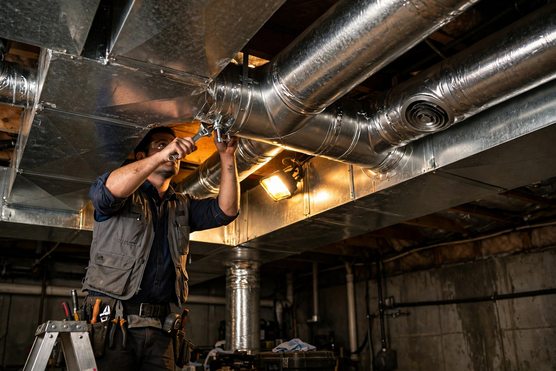 A technician inspecting a furnace heat exchanger