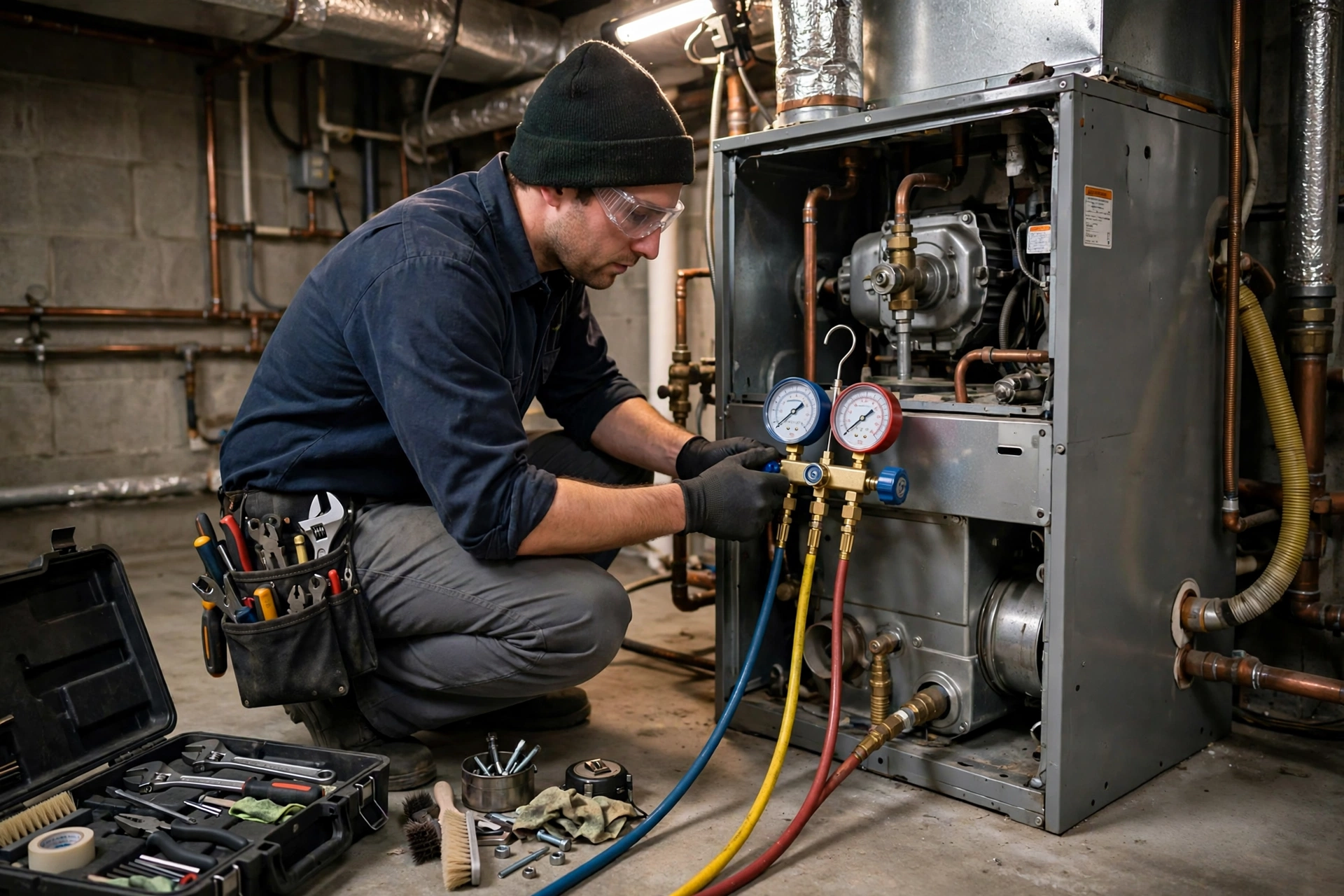A homeowner adjusting a wall thermostat
