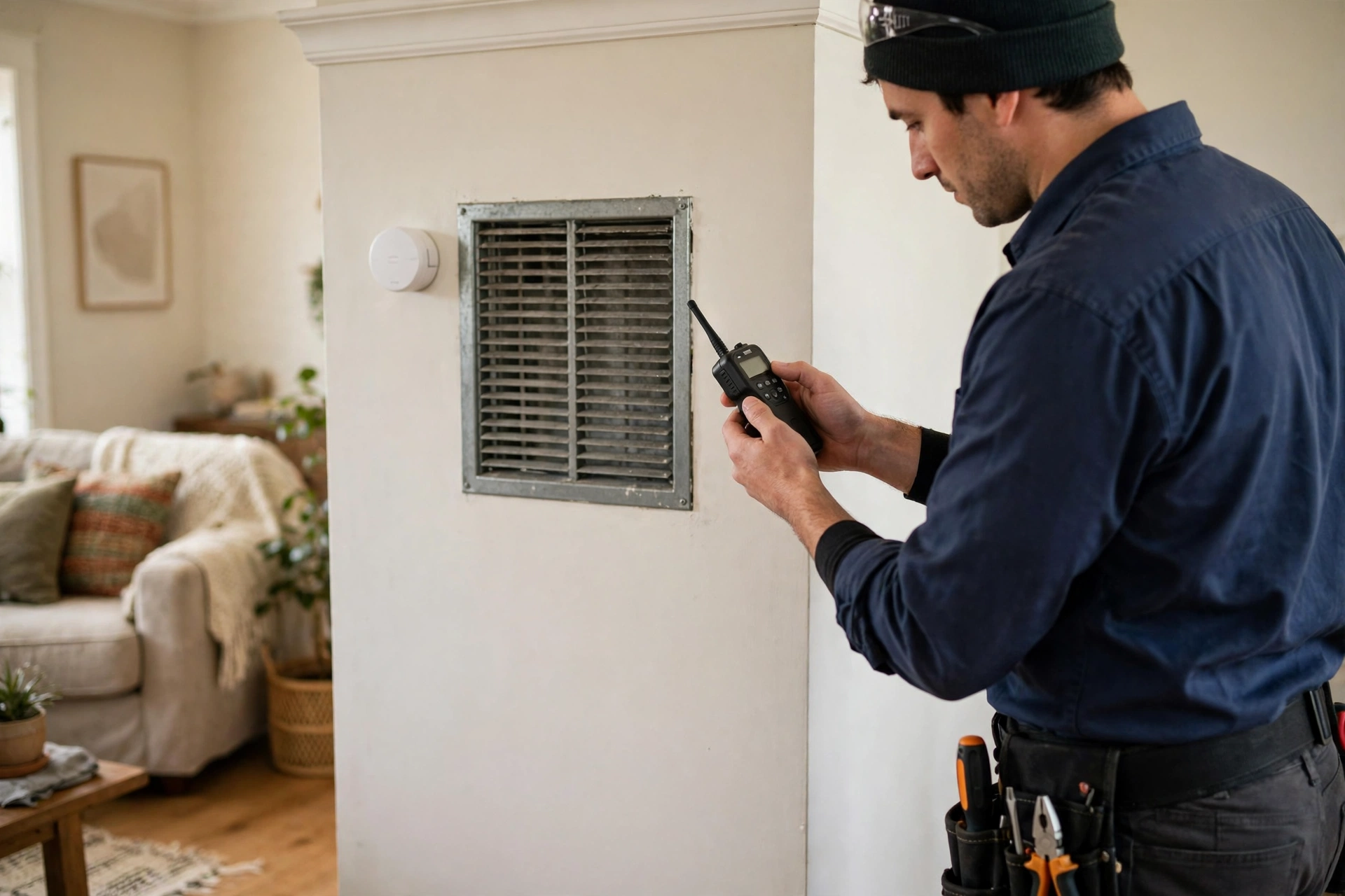 A technician carrying out a furnace tune-up and safety inspection