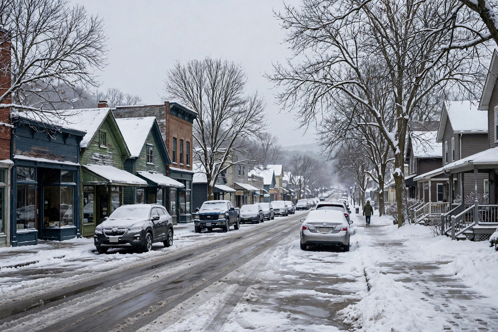 A row of houses along a snowy road outside St. Cloud