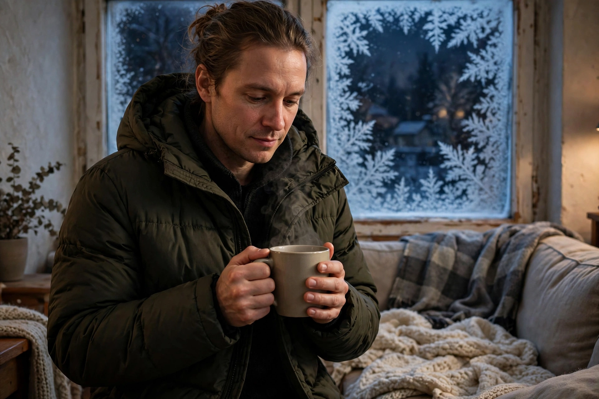 Blankets and warm clothing laid out in a cool living room at night