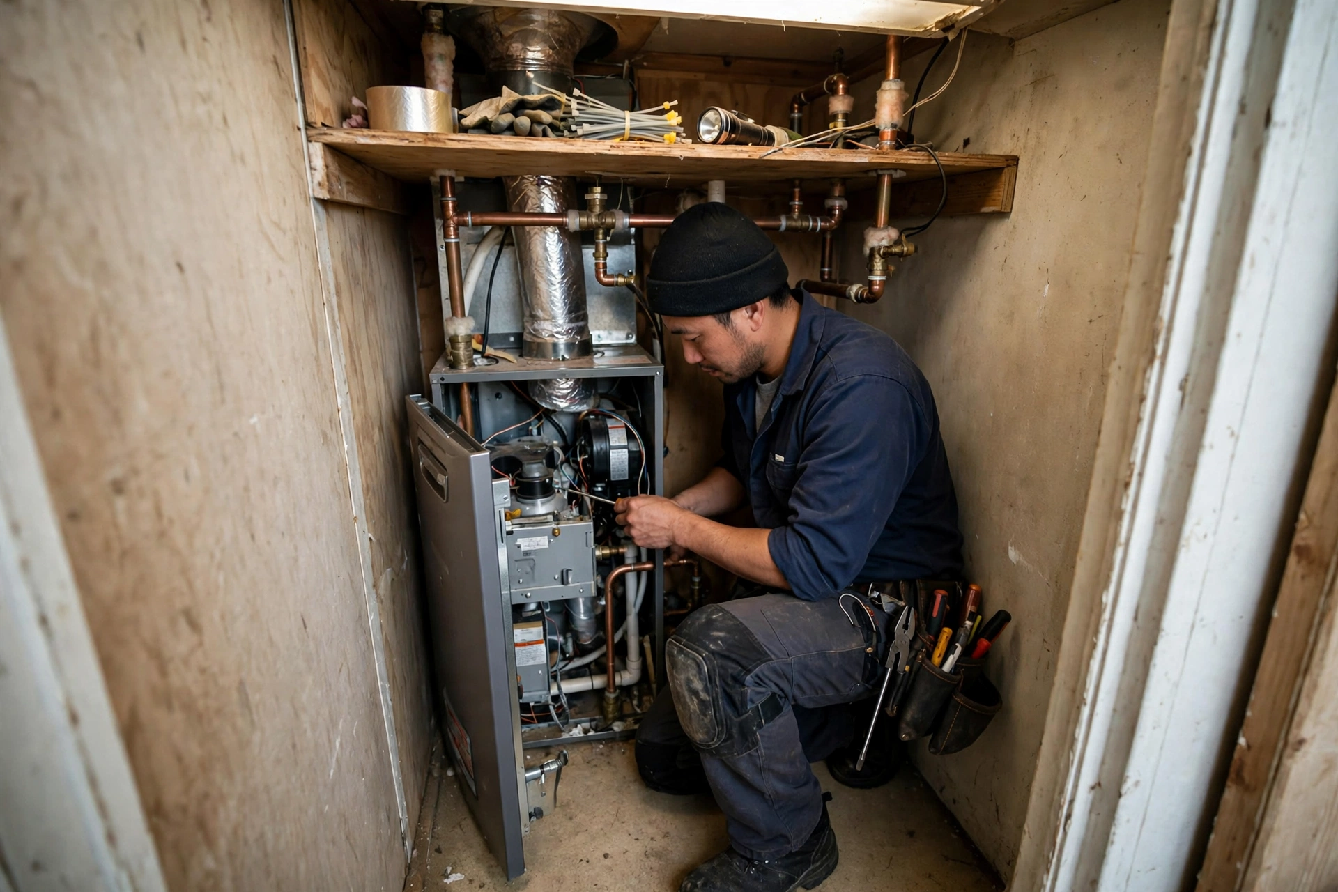 A technician checking clearances around a manufactured home furnace