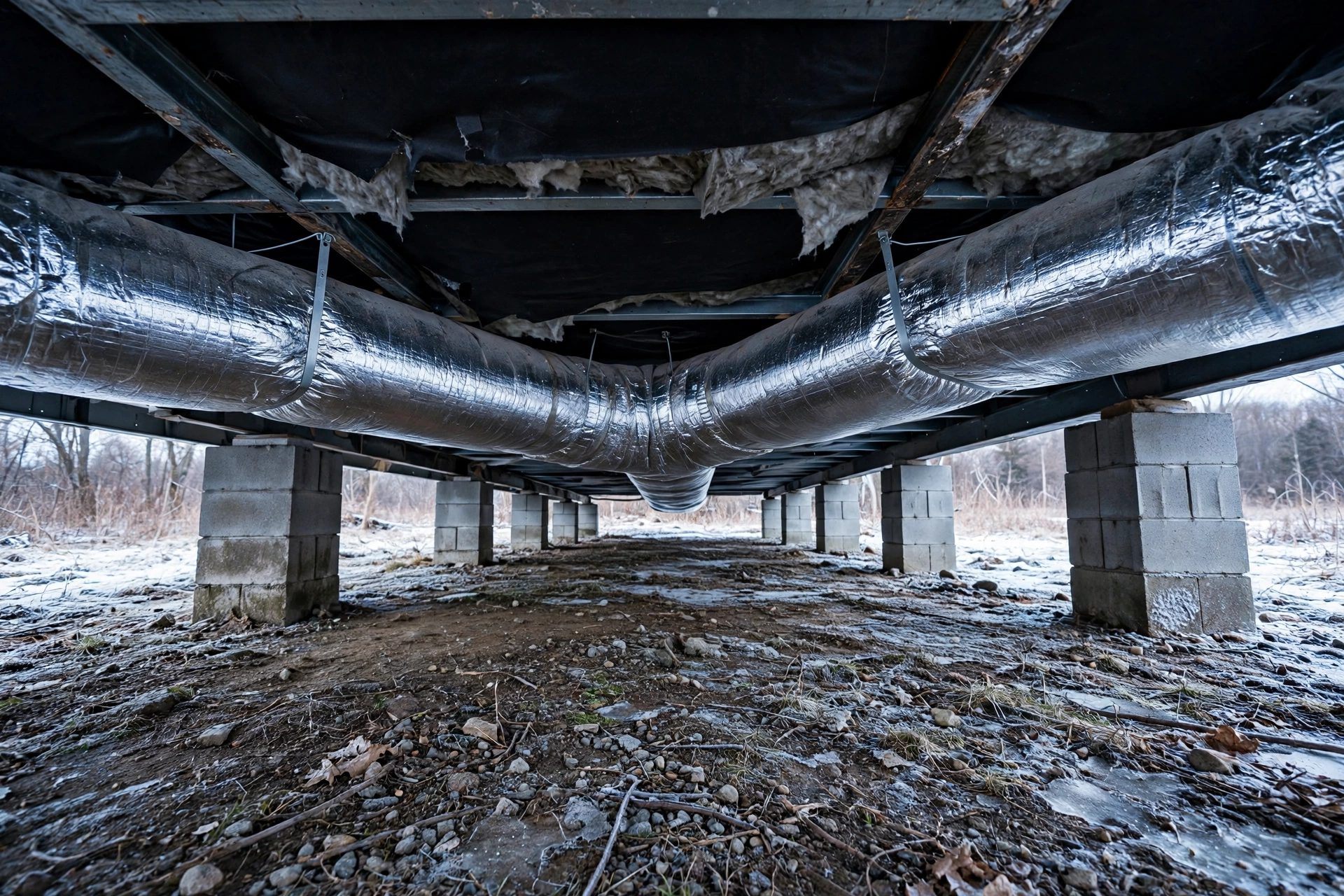 A technician inspecting underfloor ductwork beneath a manufactured home