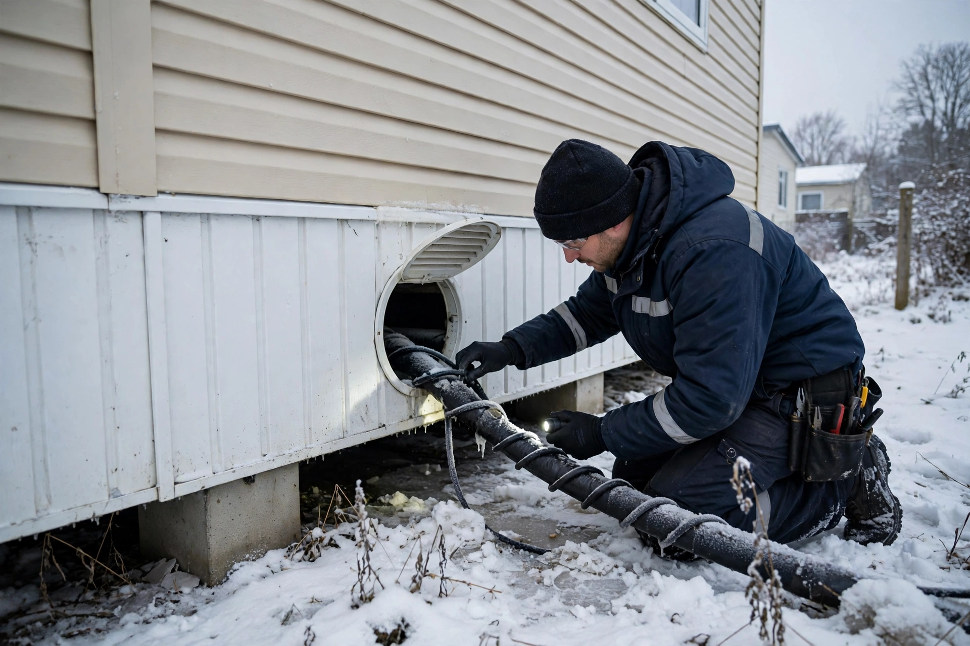 A technician testing a manufactured home furnace thermostat and controls