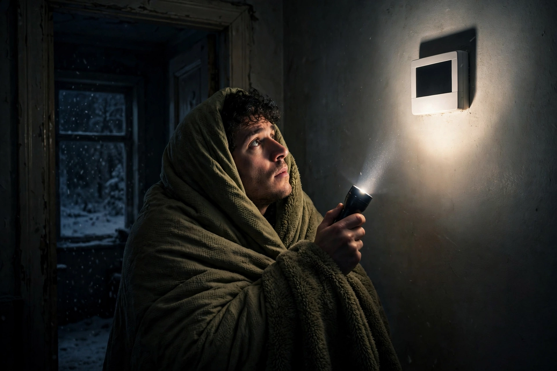 Homeowner checking a furnace power switch with a flashlight at night