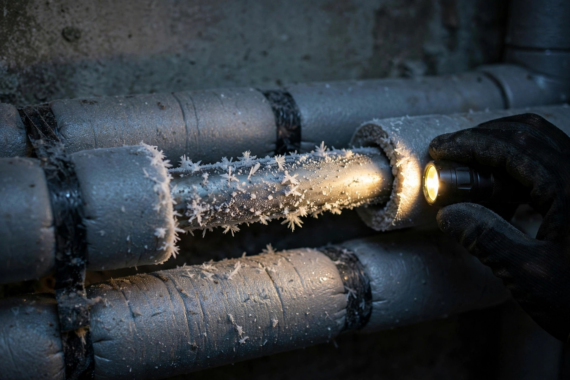 Open cabinet under a kitchen sink on an exterior wall showing pipes