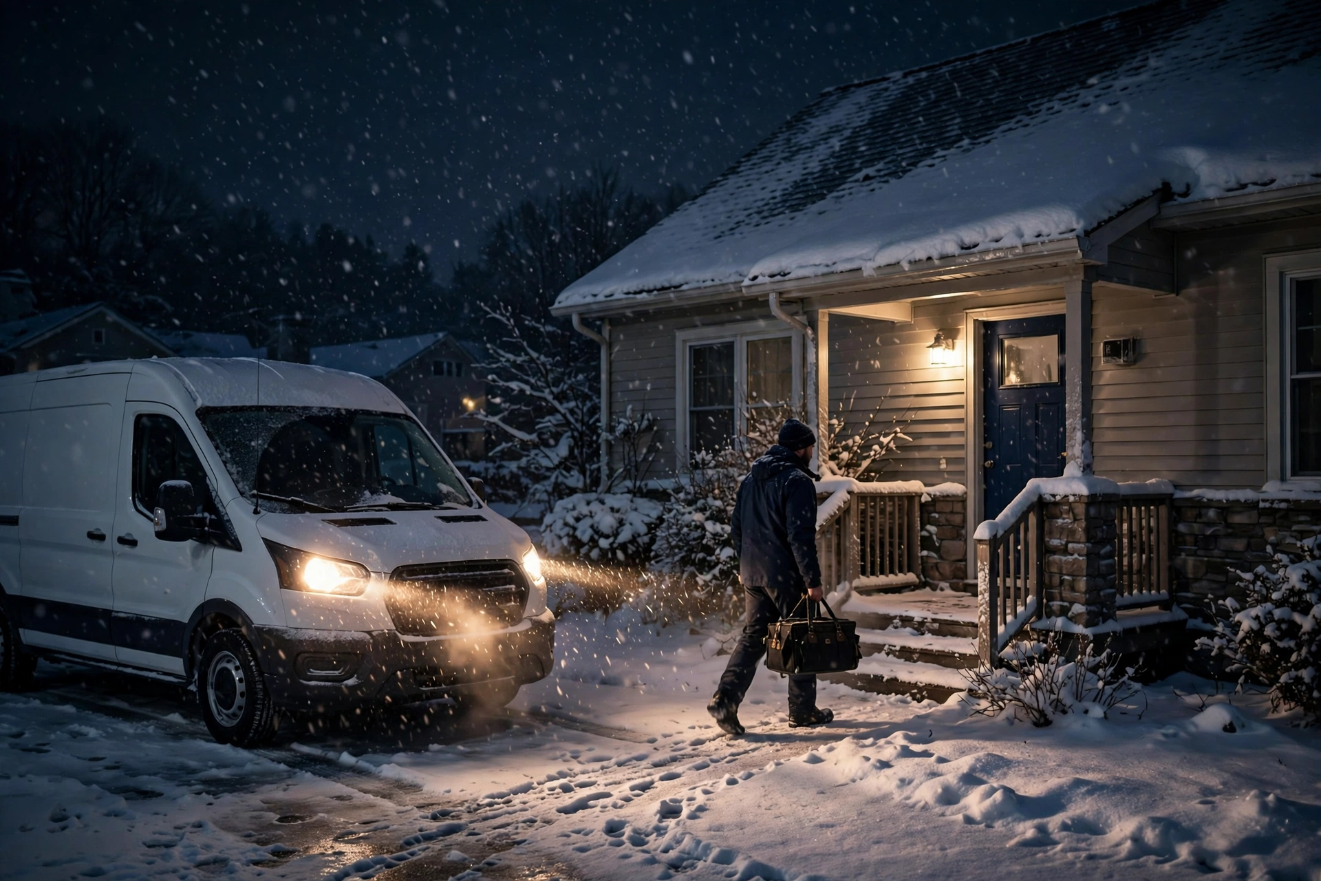 Homeowner calling for furnace help from a cold house at night