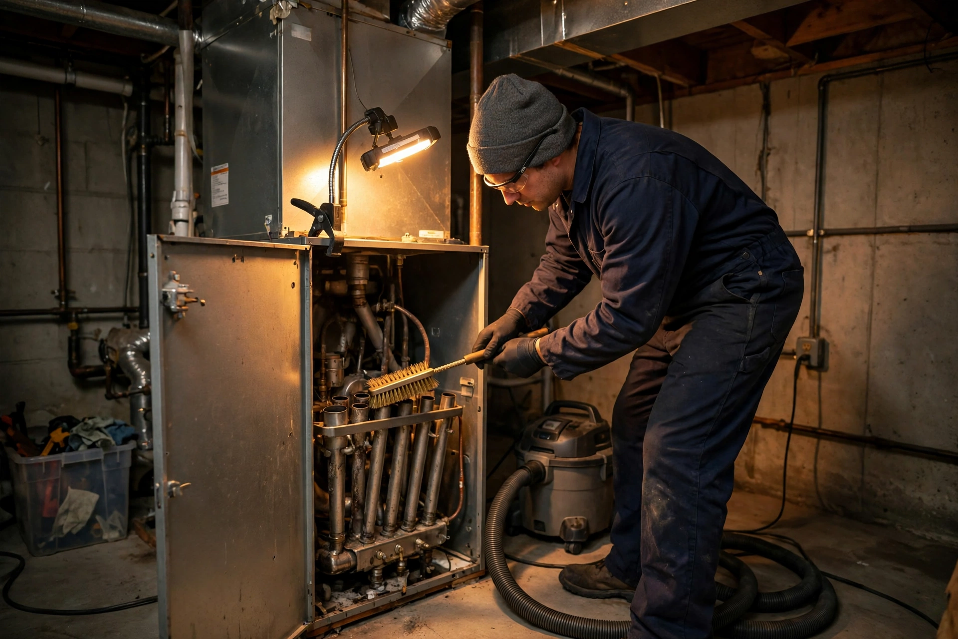 Technician talking with a homeowner beside a furnace before starting work