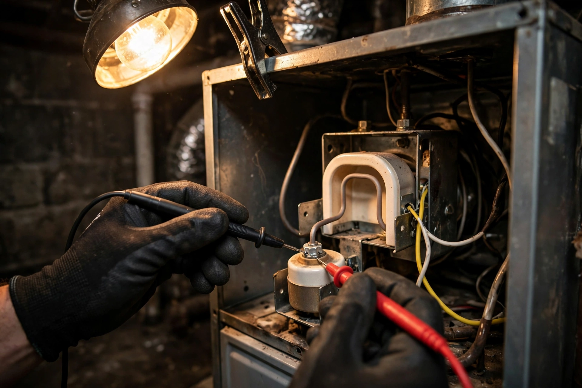 Technician watching a furnace burner flame during a tune-up