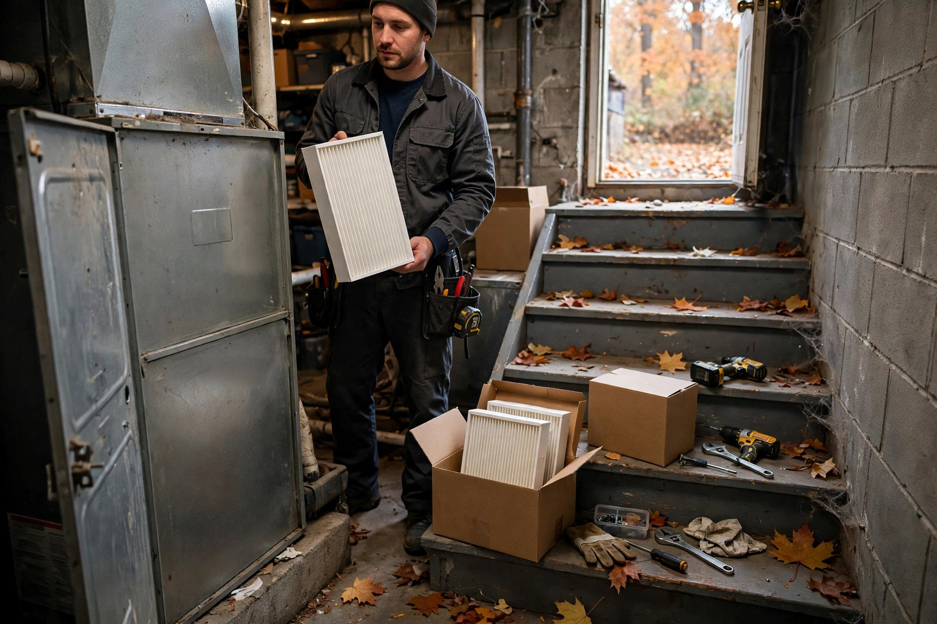 Technician closing a furnace panel after a completed tune-up