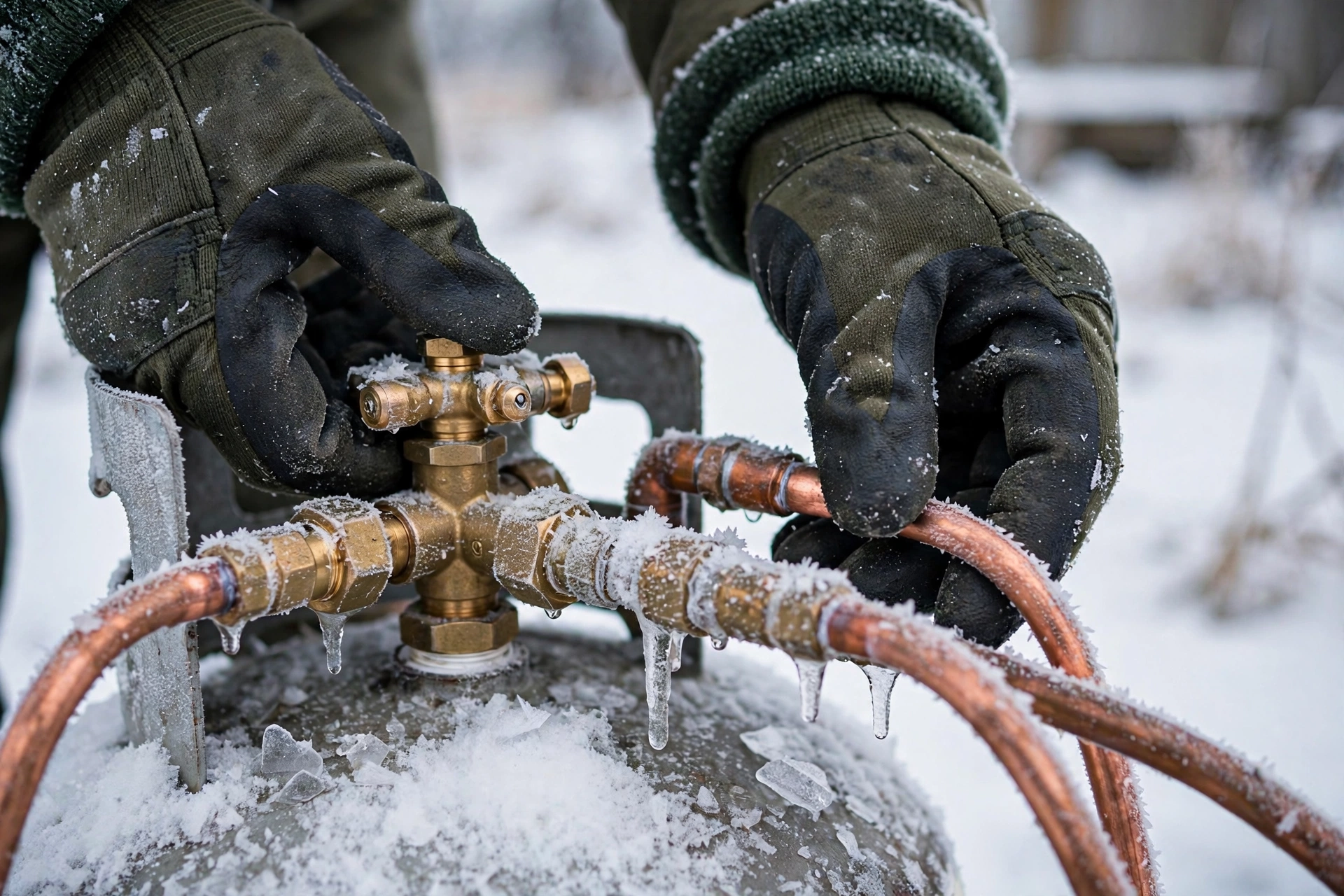 A technician checking a propane furnace burner and gas valve
