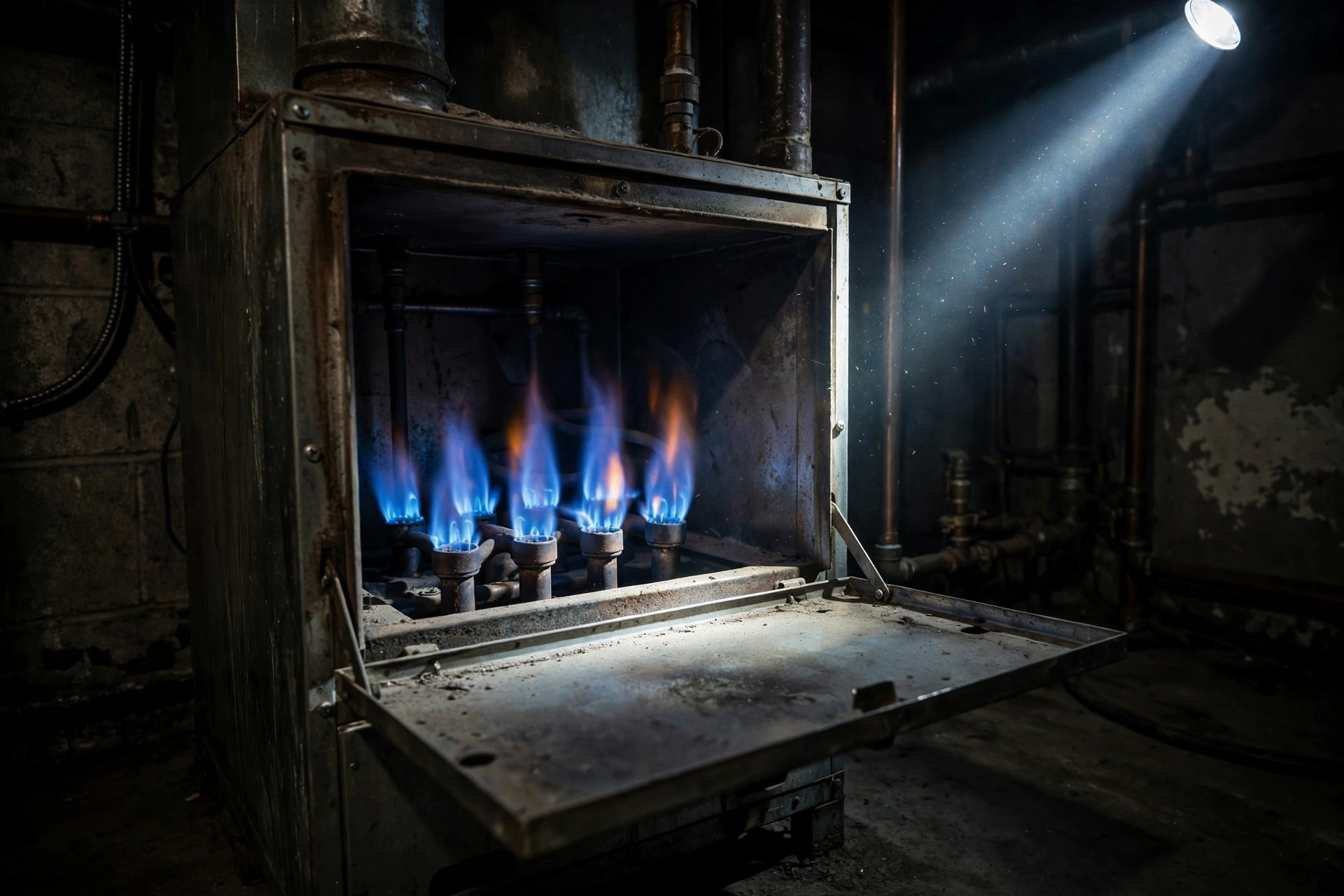 A technician inspecting the vent termination of a propane furnace