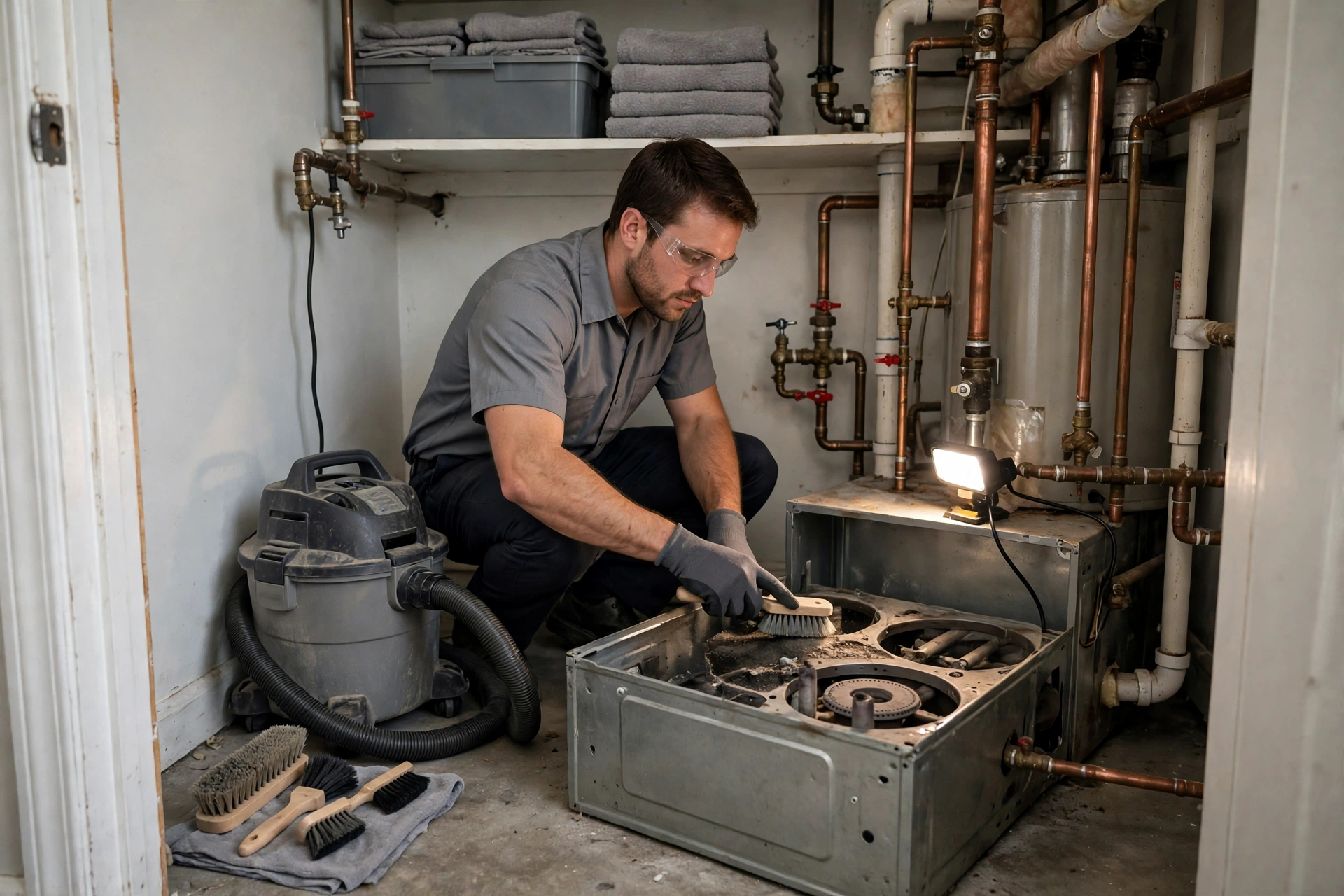 A technician servicing a furnace in a rural home utility room