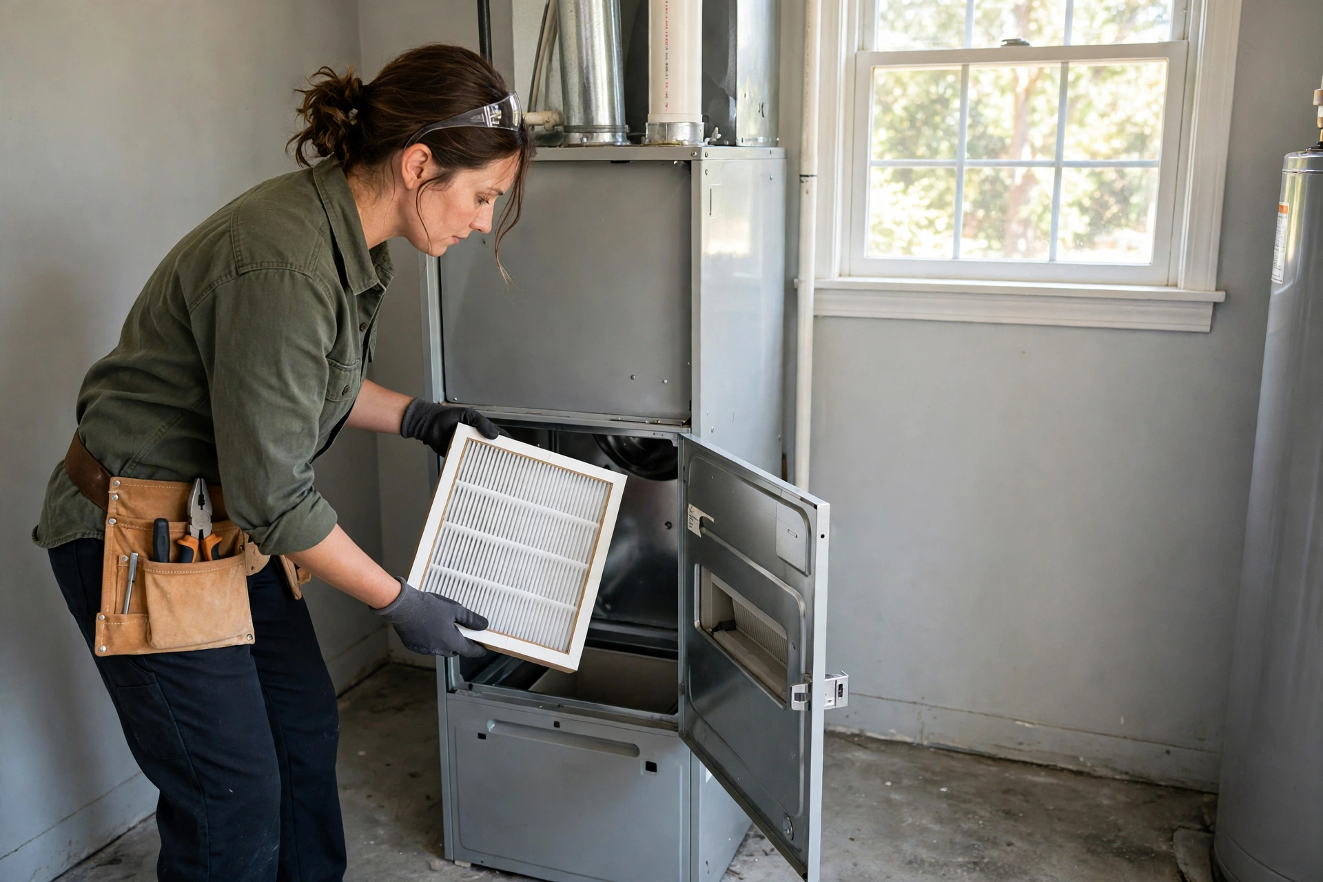A technician inspecting ductwork joints in a home basement