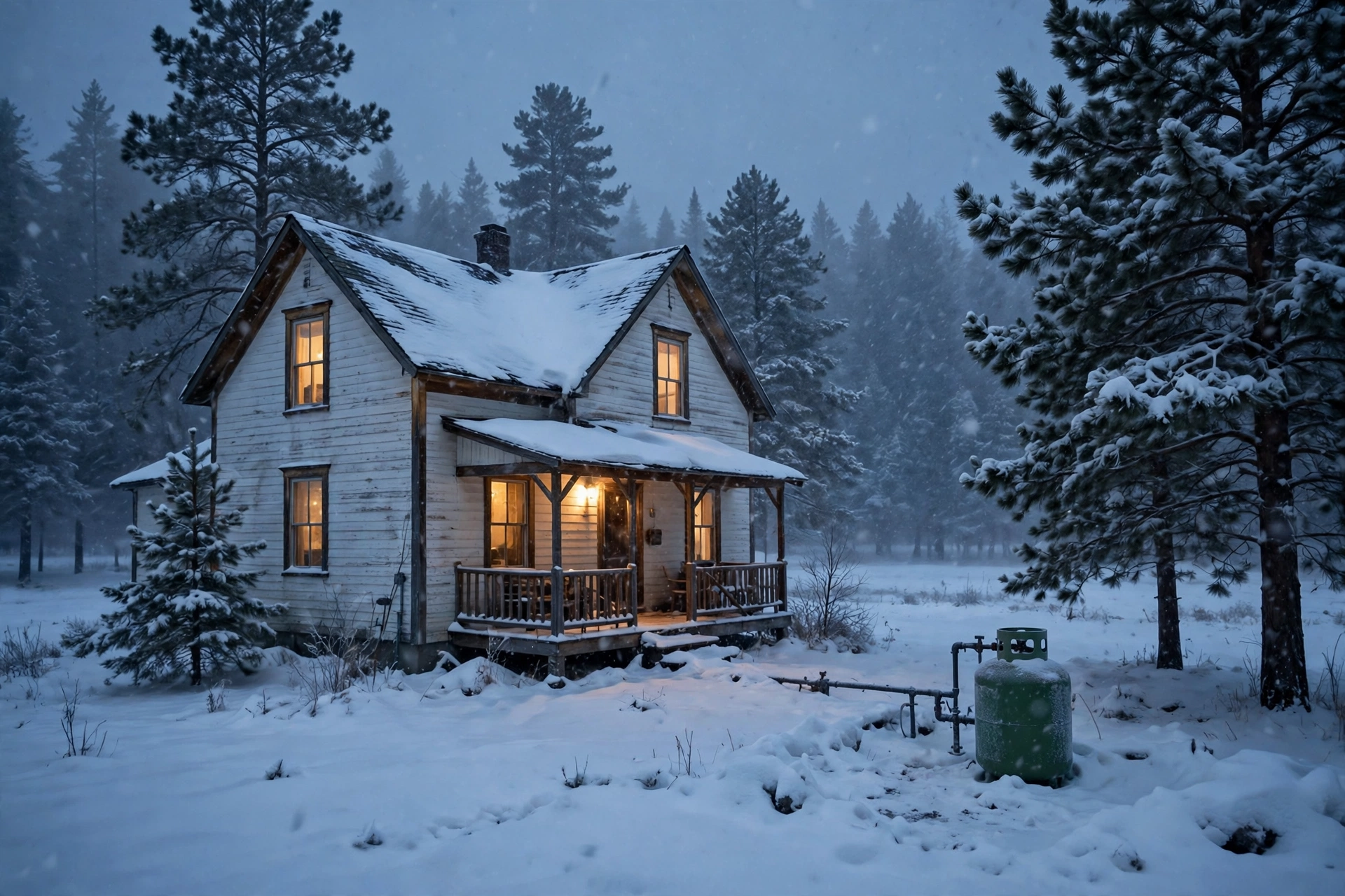 Homeowner reading a propane tank gauge in the snow
