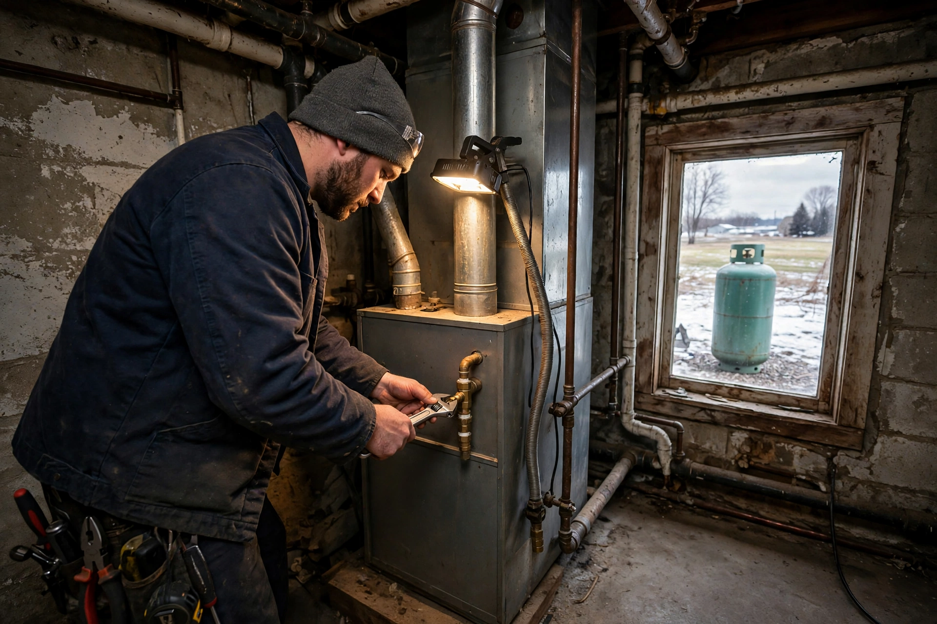 A technician inspecting a heat exchanger with a flashlight